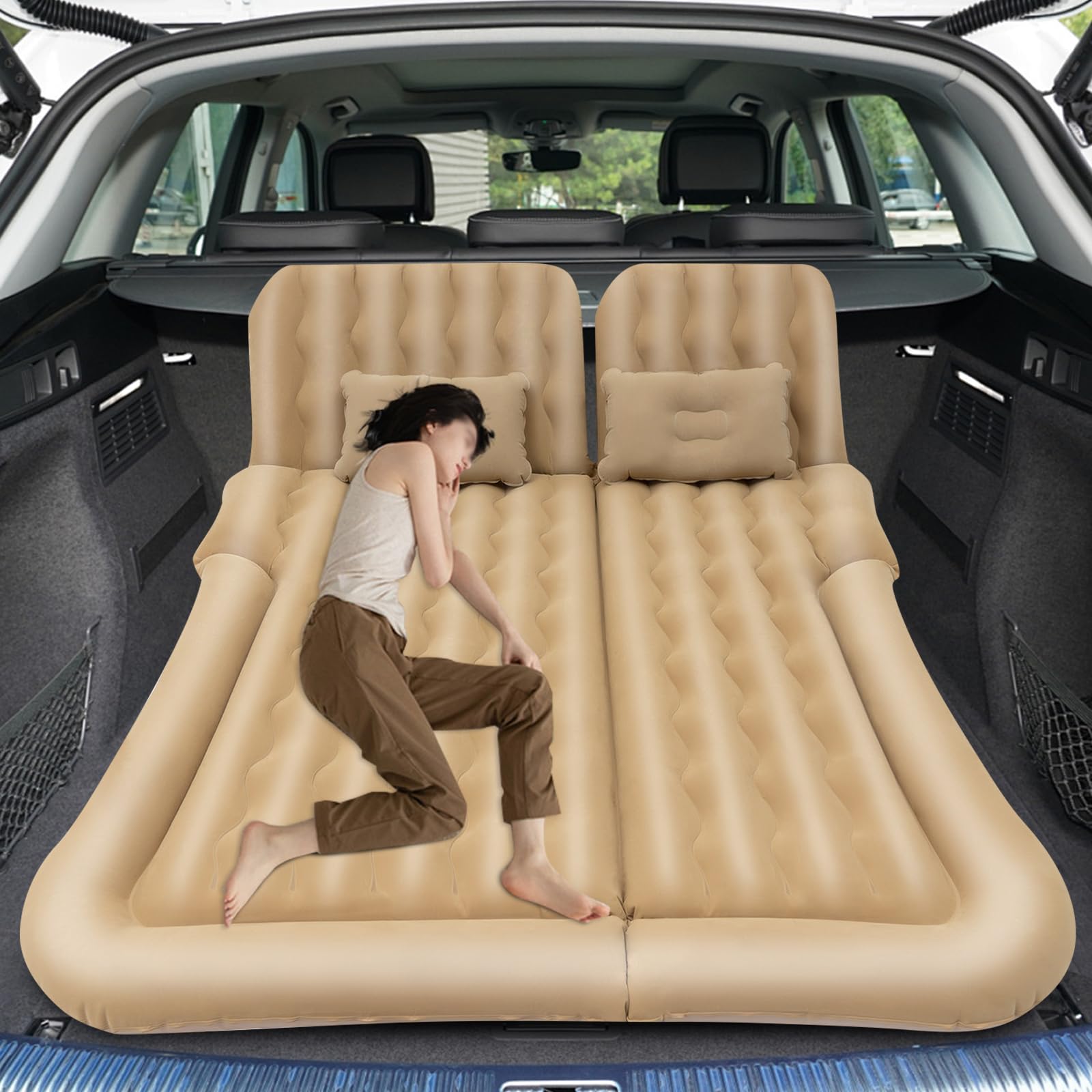 Materasso ad aria per auto, SUV e campeggio, con pompa e 2 cuscini, autogonfiabile, portata: 250 kg, per viaggi, campeggio, attività all'aperto, 174 x 126 cm (beige)