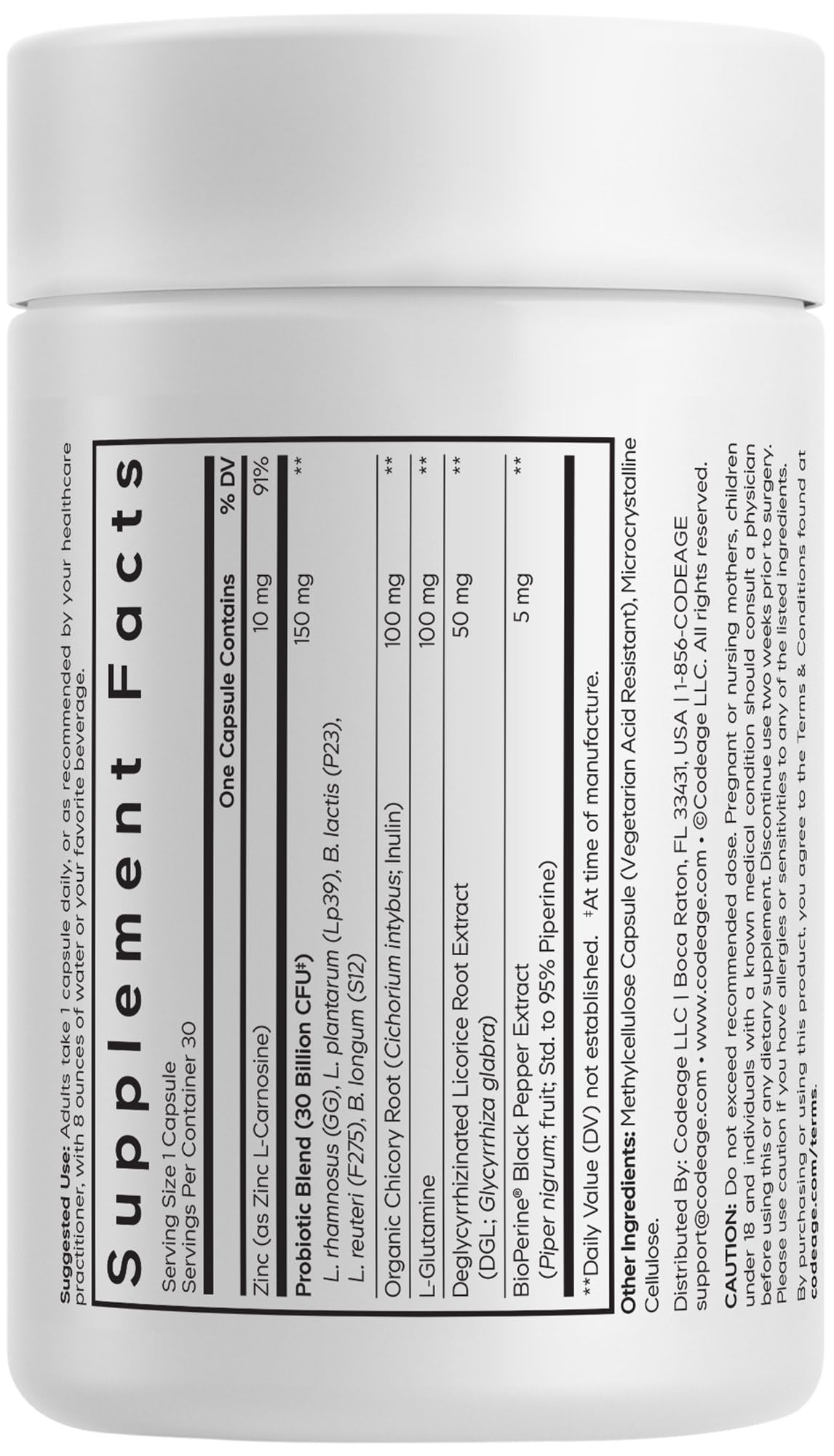 Codeage Daily Synbiotic Supplement - Prebiotics, Lactobacillus & Bifidobacterium Probiotics, L-Glutamine, Zinc L-Carnosine, DGL, Synbiotic Probiotic, BioPerine - Shelf-Stable - 30 Capsules