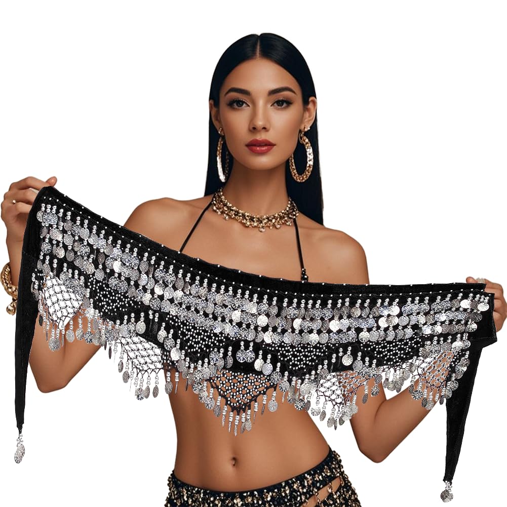 Leemiman Women's Black With Silver Coins Triangle Belly Dance Hip Belt With Gold Coins Dance Costume Wrap Skirts (Black With Silver Coins)