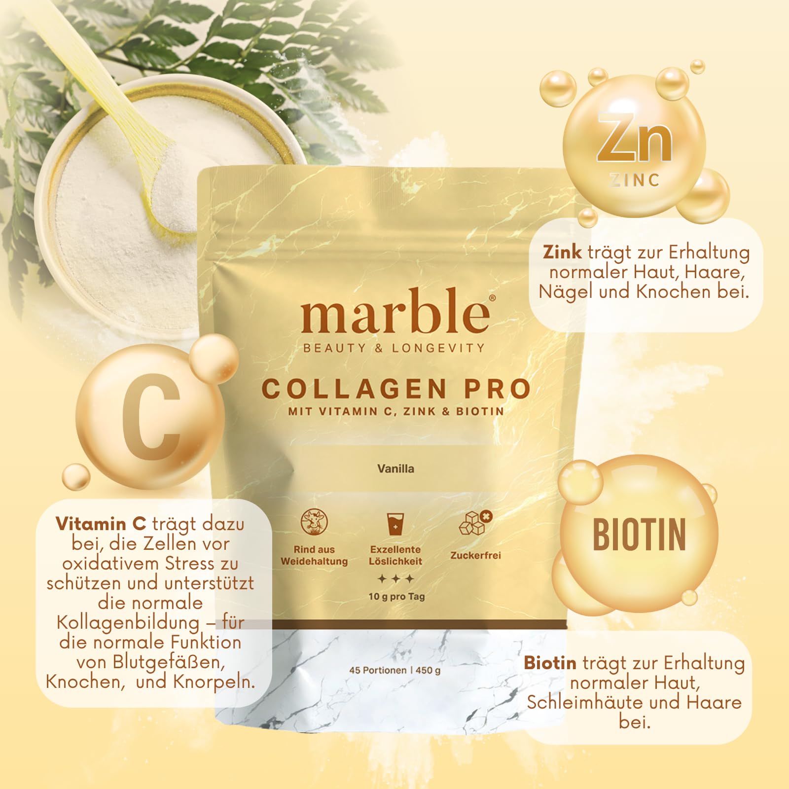 marble Polvo de colágeno Pro 450 g – Colágeno en polvo más vitamina C, zinc y biotina – Péptidos de colágeno Skin Glow – 60 días de prueba sin riesgos – de carne de sauce con perfecta solubilidad