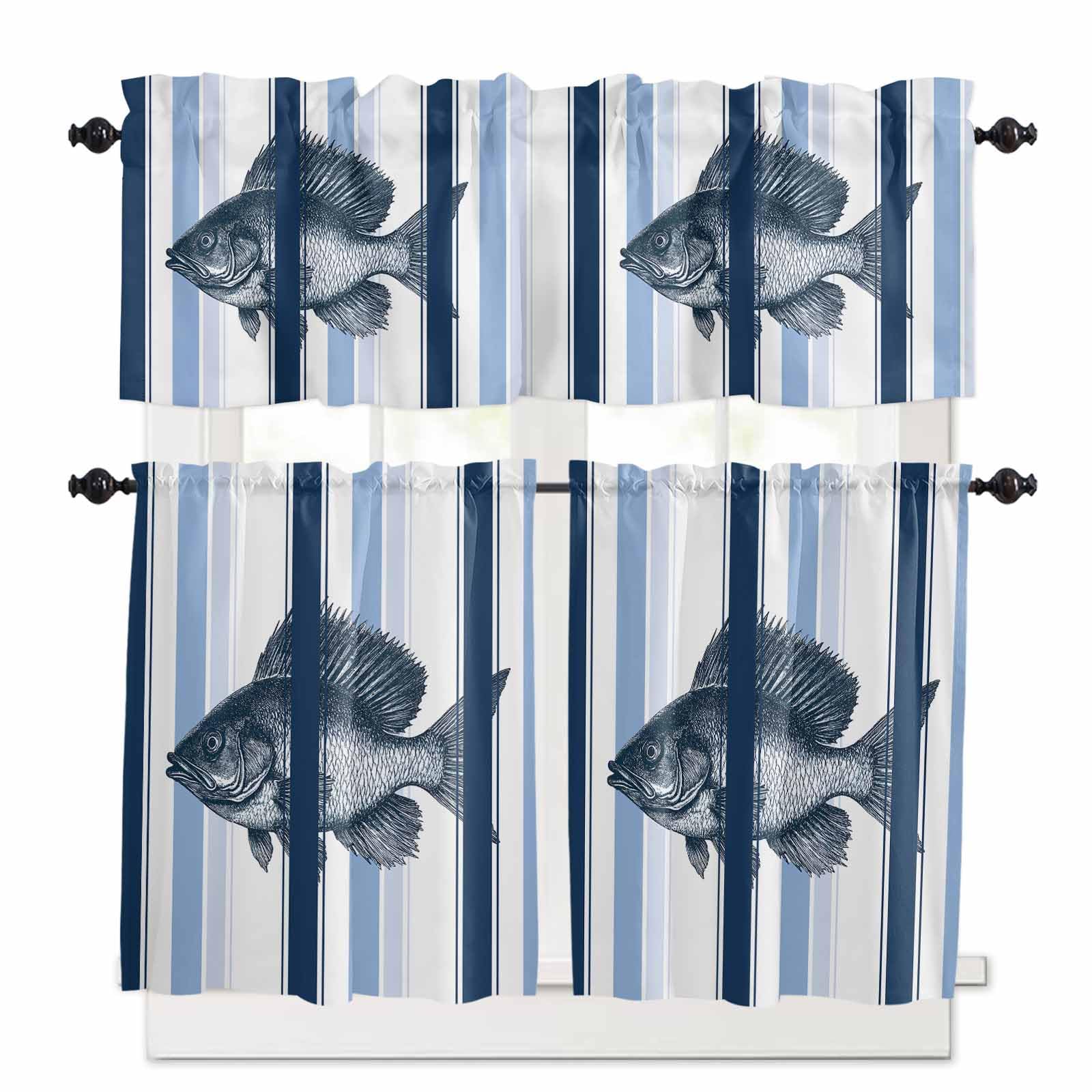 Ocean Fish Kitchen Curtains 36 Inch Length, 3 Piece Rod Pocket Small Half Tiers and Valance Set, Watercolor Navy Blue Aqua Stripe Modern Small Large Window Treatment Decor for Bedroom/Bathroom Sink