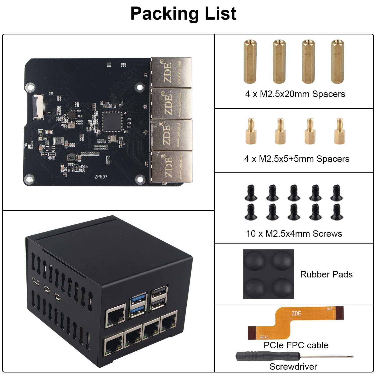 ZDE ZP597 PCIe to 4 Ports 1G Gigabit 1000M Ethernet Network HAT Adapter Expansion Board 1GB 1GBE with Metal Case for Raspberry Pi 5 2GB 4GB 8GB 16GB