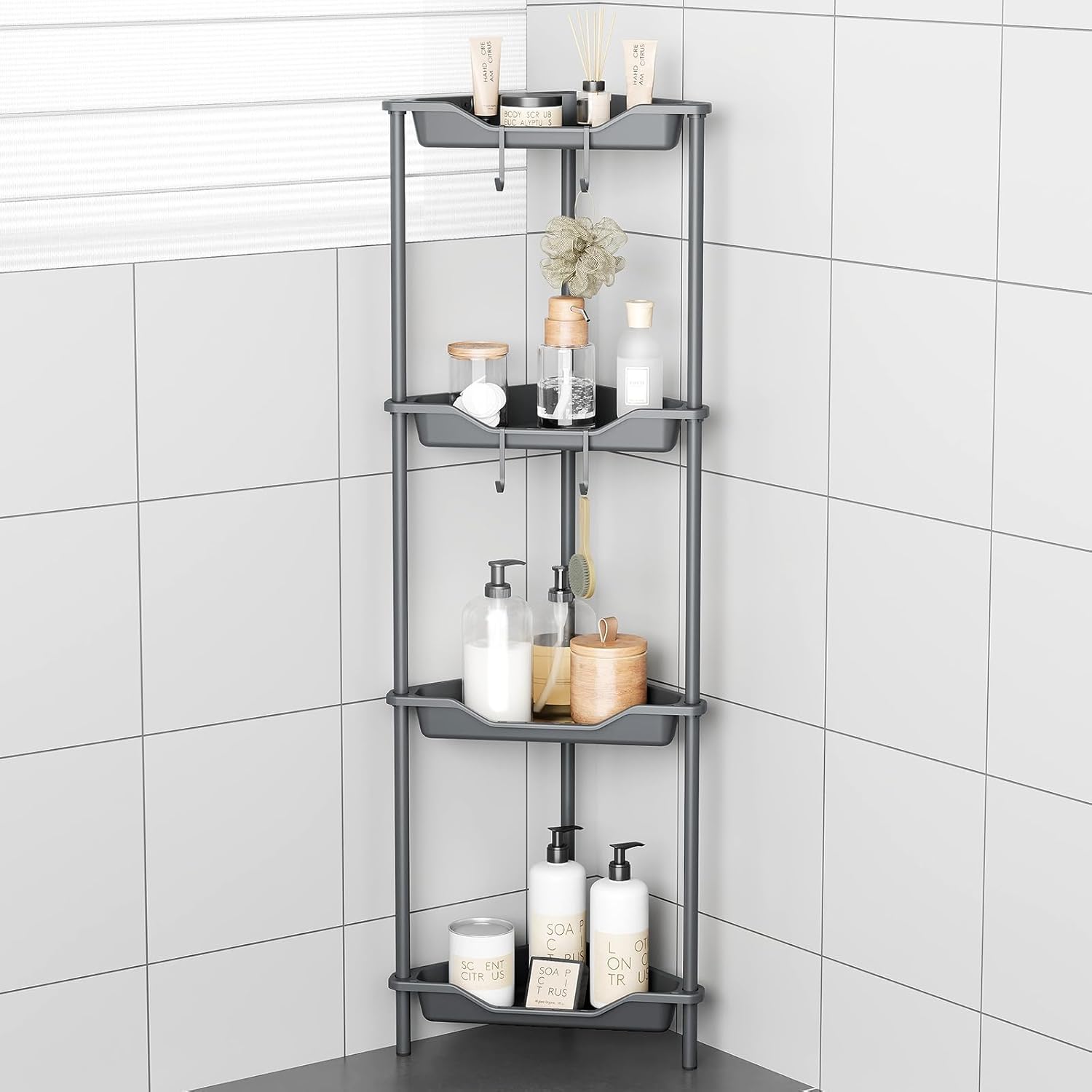 ODesign 4 Tier Corner Shelf Stand for Living Room Bedroom Bathroom,Plastic Metal Splicing Ground Cabinet Storage Rack,Standing Shower Organizer,Shower Caddy Corner Gey 4 Tier