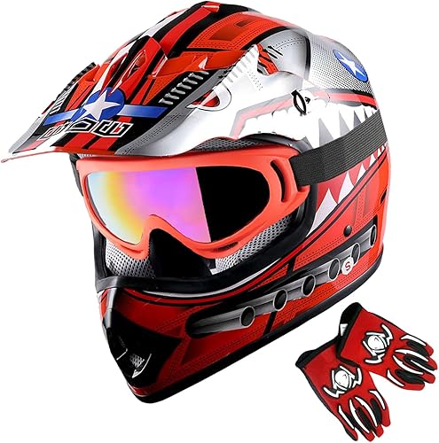 1Storm - Casco de motocross para jóvenes, casco para motocicleta y bicicleta, diseño de tiburón rojo + gafas + paquete de guantes rojos MG para