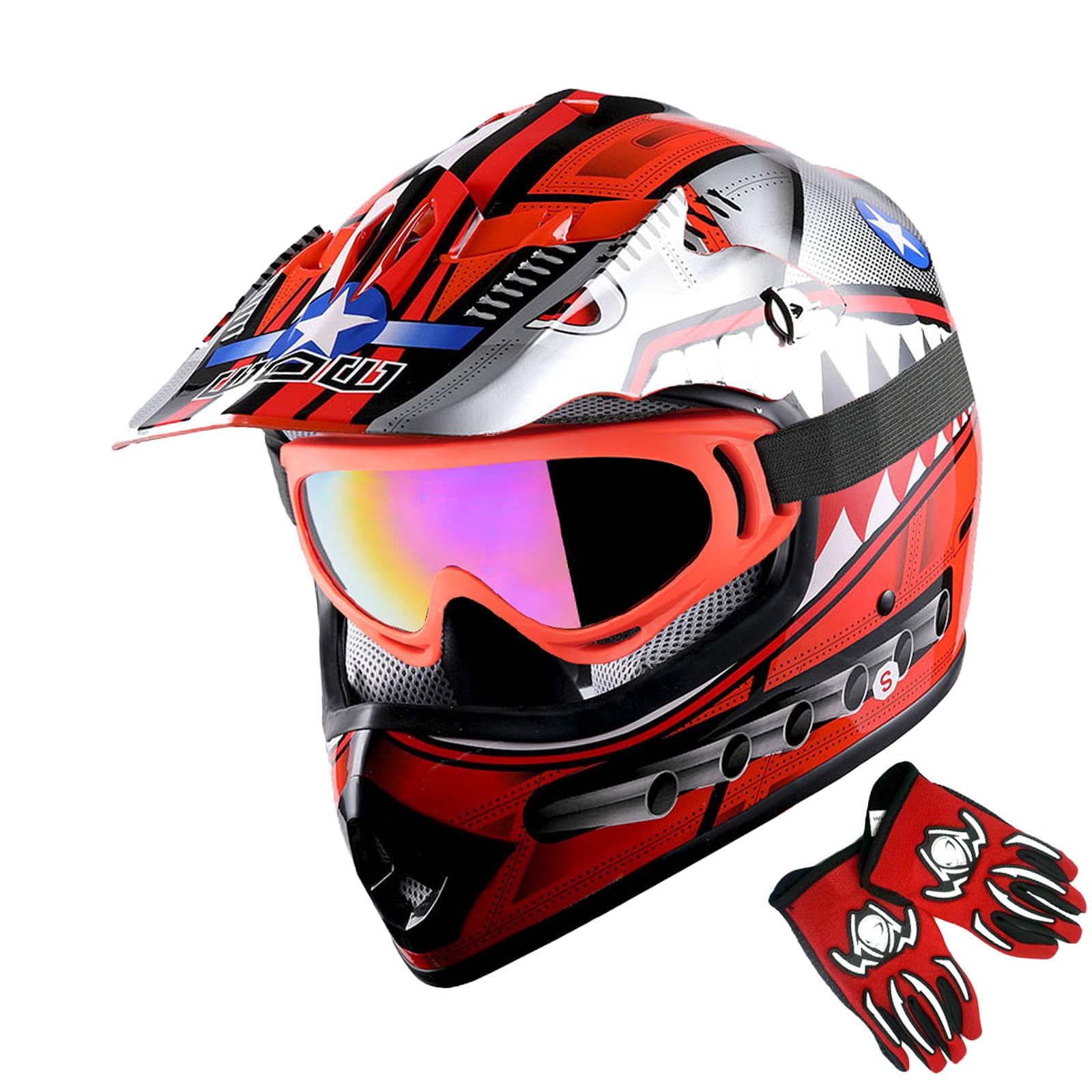 1Storm Youth Motocross Helmet Kids Motorcycle Bike Helmet Shark Red + Goggles + MG Youth Red Glove Bundle