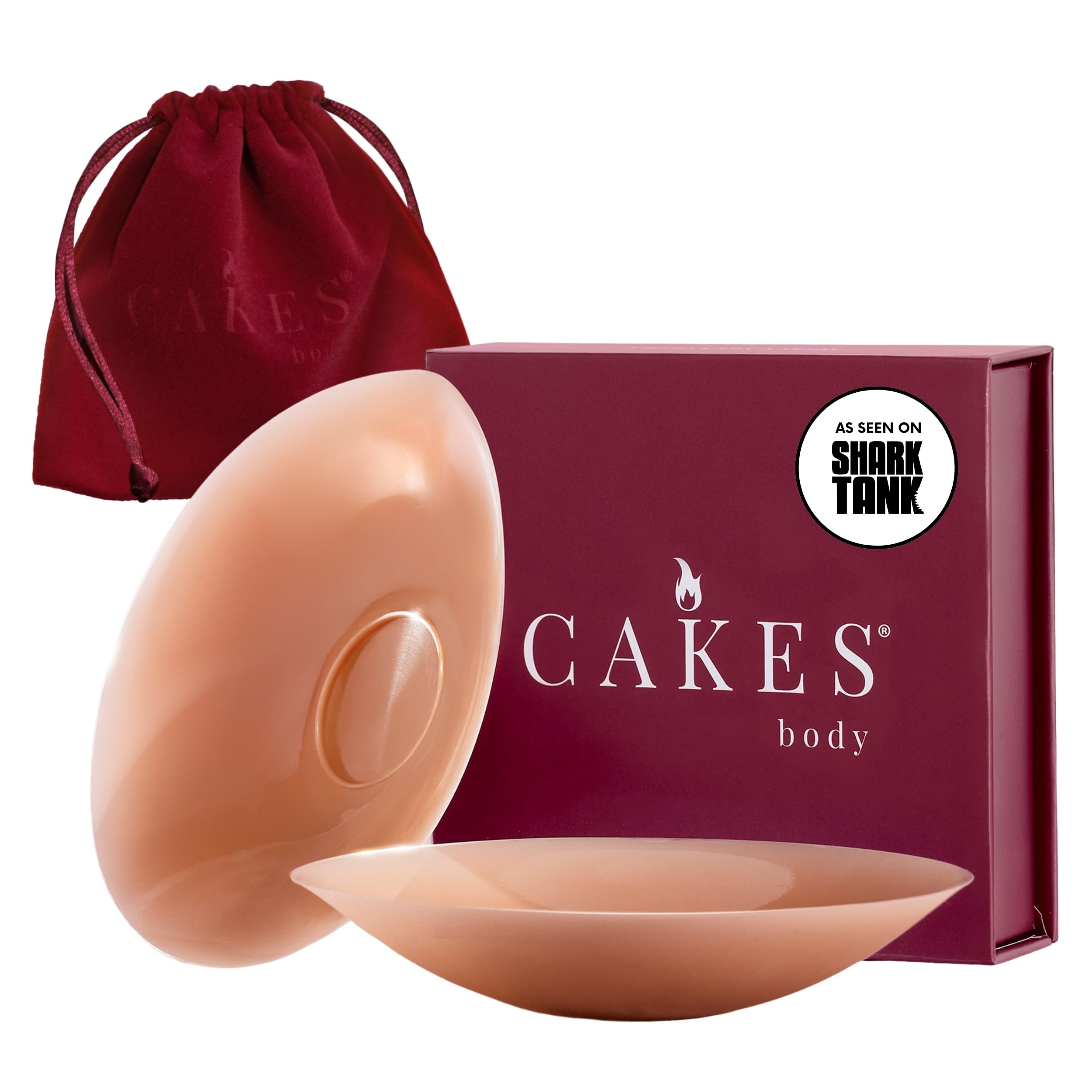 CAKES Body Sticky Circle Nipple Covers for Women - Silicone Nipple Covers with Travel Pouch - Reusable Sticky Boobs with Circular Design & Nip Nook for Comfort - Caramel, Plus Size (DDD+)