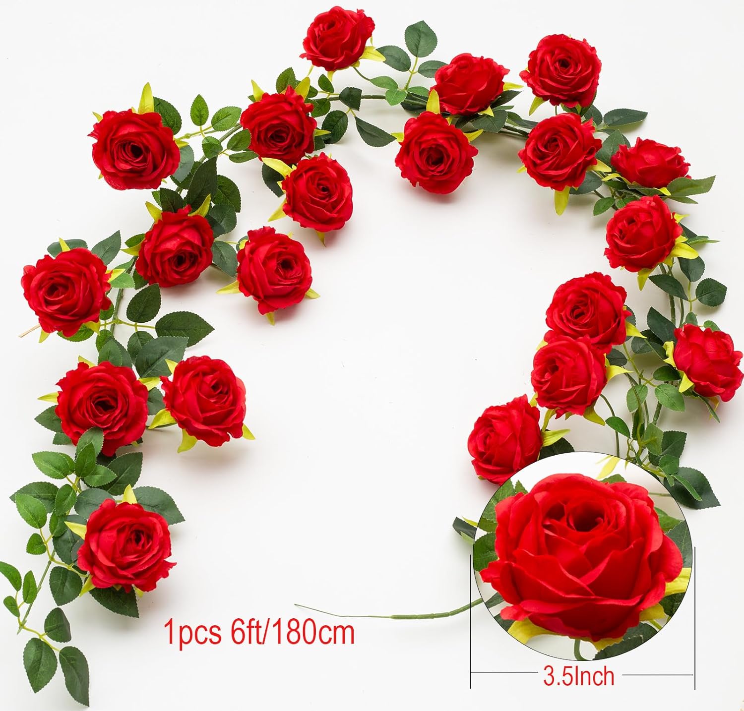 2Pcs 12Ft Bendable Artificial Flower Garland Faux Rose Vine Hanging Floral Garland for Wall Decor Trellis Fence Home Room Garden Wedding Decoration(Red, 2pcs)