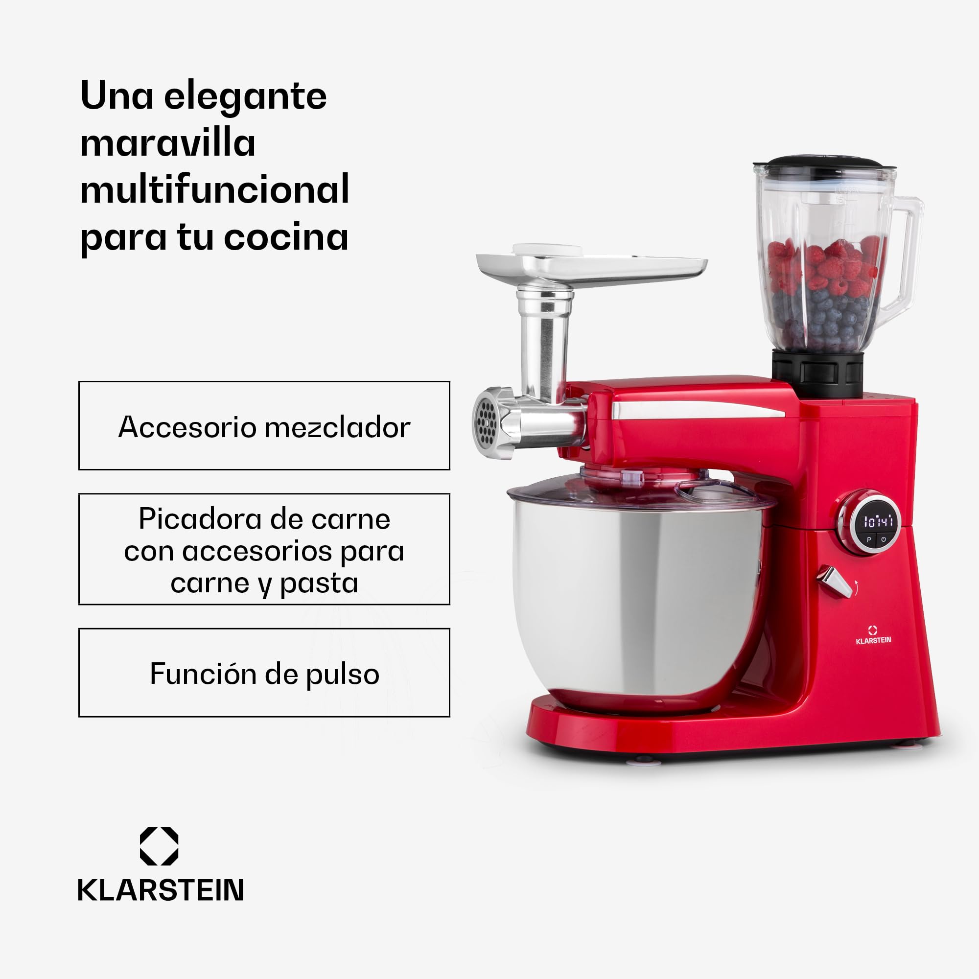 Klarstein Robot de Cocina, Batidora Vaso Multifuncional 2000W Con Picadora de Carne, Batidoras y Procesadores 3 en 1 para la Cocina, Electrodomésticos para Cocinar, Amasadora Acero Inoxidable 10l.