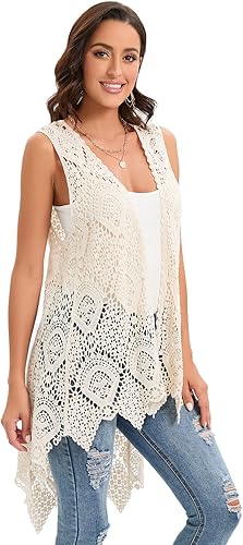Miniatura 4 de Chaleco de encaje de ganchillo para mujer, estilo bohemio, sin mangas, kimono con dobladillo irregular