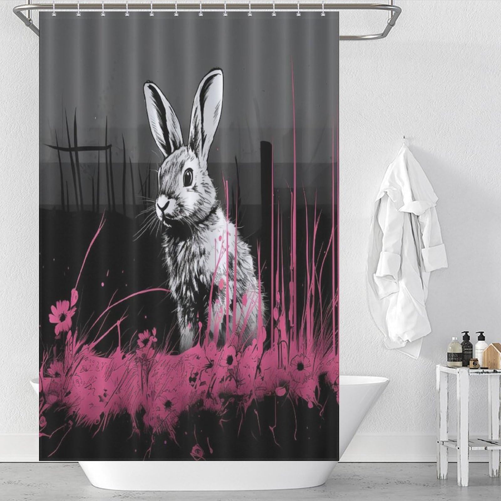 Rideau de douche lapin en tissu imperméable et lavable 122x183cm avec crochets