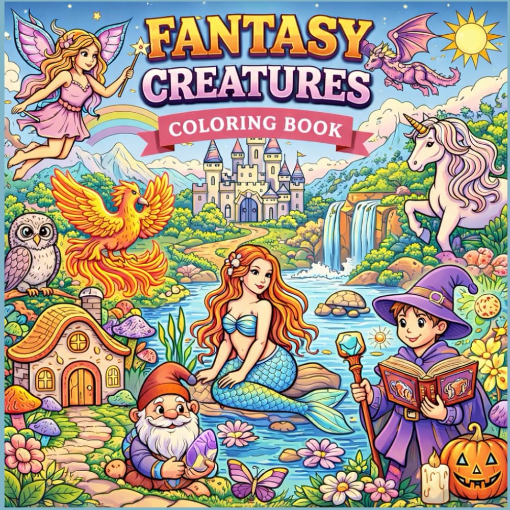 Fantasy Creatures: Coloring Book for Adults and Kids| Bold, Cute and Easy Fantasy designs for Relaxation featuring Magical Coloring Pages of Unicorns, Dragons, Fairies, Mermaids & Enchanted Worlds.
