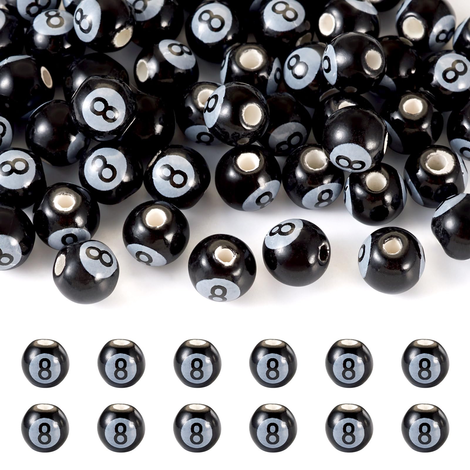 FASHEWELRY 50pc Porcelain Billiards Beads - Black Number 8mm Round Eightball Beads for Bracelets & Jewelry Making