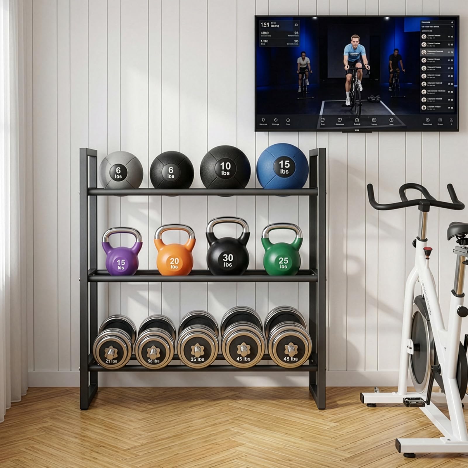 3-Stöckiges Hantelgestell aus Metall, verstellbare Breite, Belastbarkeit 360 lbs, für Hanteln, Kettlebells und Fitnessgeräte