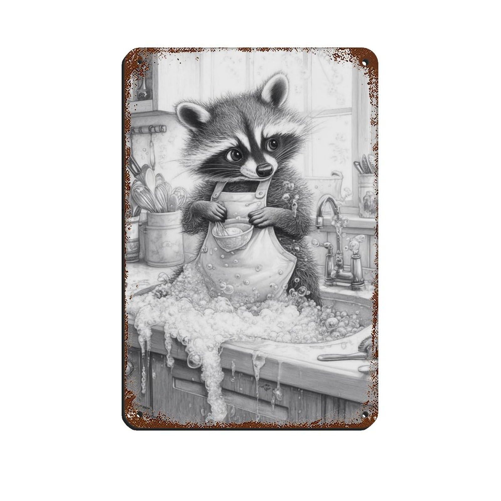 Adorable Raccoon Kitchen Art Tin Sign Vintage Metal Pub Club Cafe Bar Home Wall Art Decoration Poster Retro 8x12inch(20x30cm)