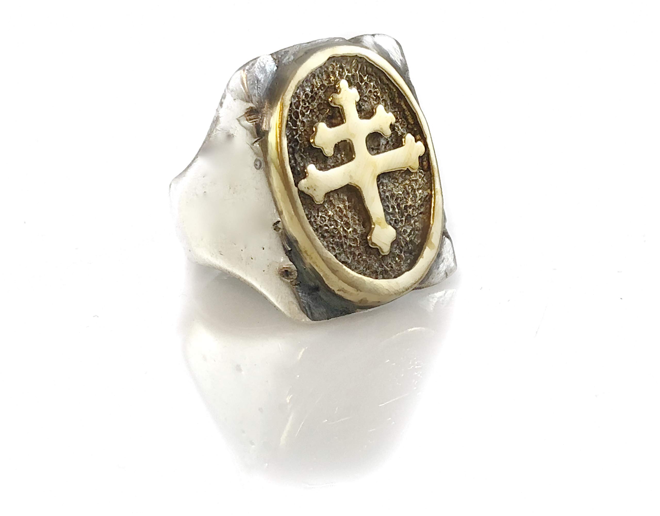 SILVERLAND1Cross of Lorraine Brass & Solid Sterling Silver 925 Ring by Ezi Zino