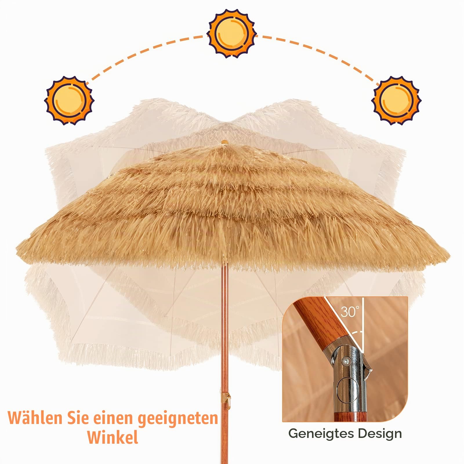 GIANTEX Sonnenschirm Hawaii Ø 200 cm Gartenschirm Balkonschirm knickbar Strandschirm mit Fransen Terrassenschirm mit Verankerung rund Hawaii Schirm beige