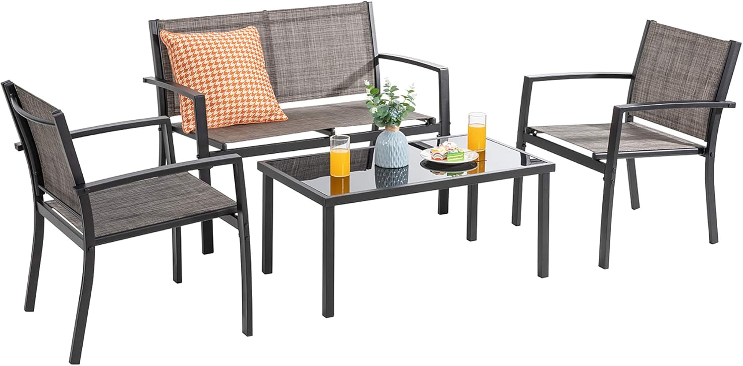 Vongrasig 4-Piece Modern Metal Textilene Patio Furniture Set - Small, Taupe with Loveseat & Glass Table for Lawn, Garden, Porch, Balcony, Backyard (Taupe)