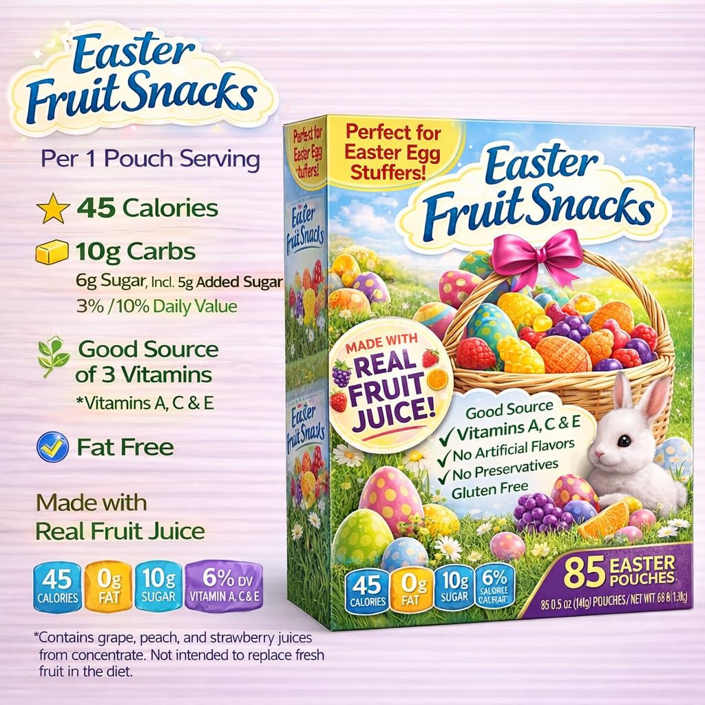 Eater Fruit Snack Gummy Flavor Treats 85 Individually Wrapped Pouches for Easter Egg Hunt Basket Stuffer Filler Party Favor DIY Gift