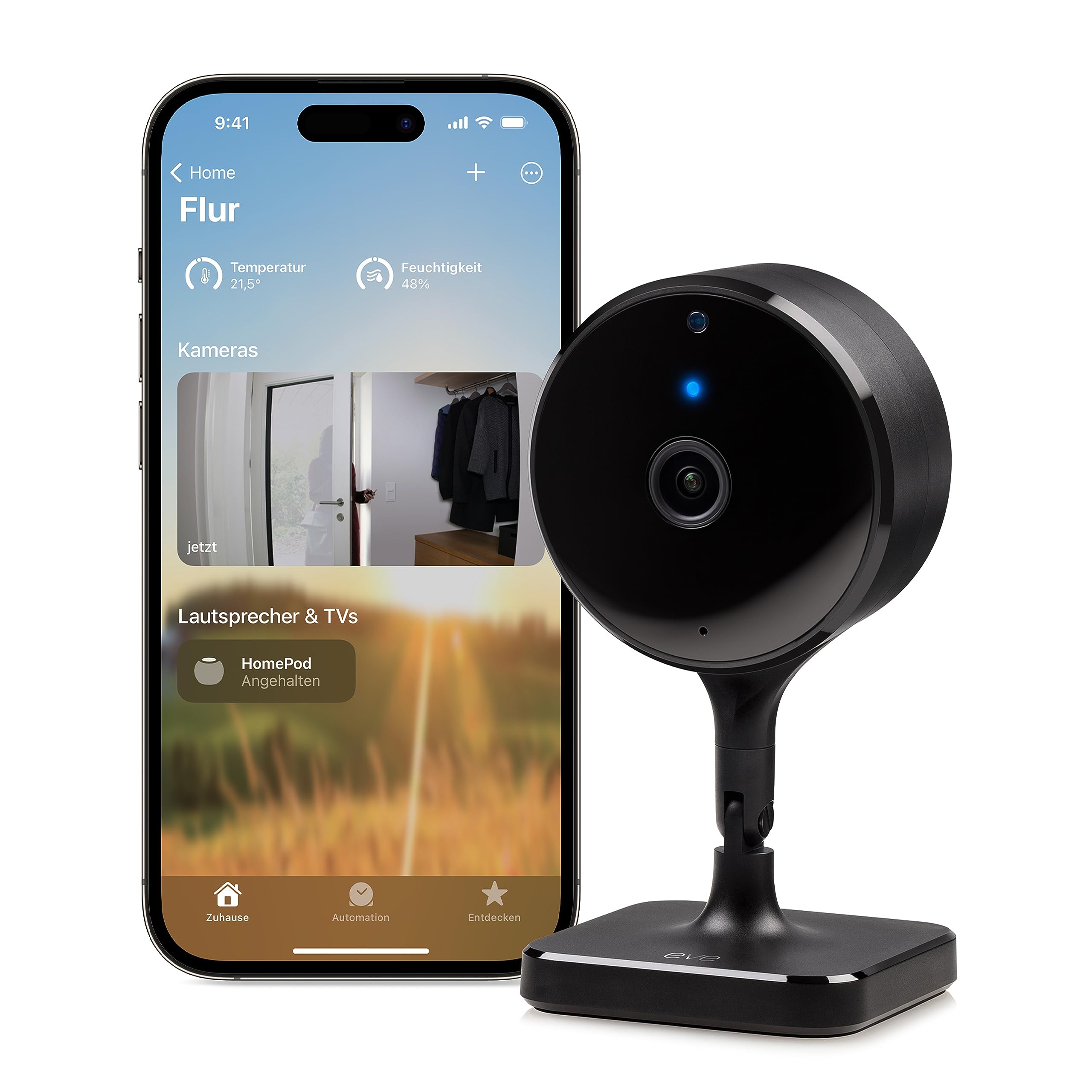 EVE Cam - Caméra intérieure Intelligente, résolution 1080p, Wi-FI, confidentialité absolue, HomeKit Secure Video, Notifications iPhone, Micro et Haut-Parleur, Vision Nocturne, Installation Flexible