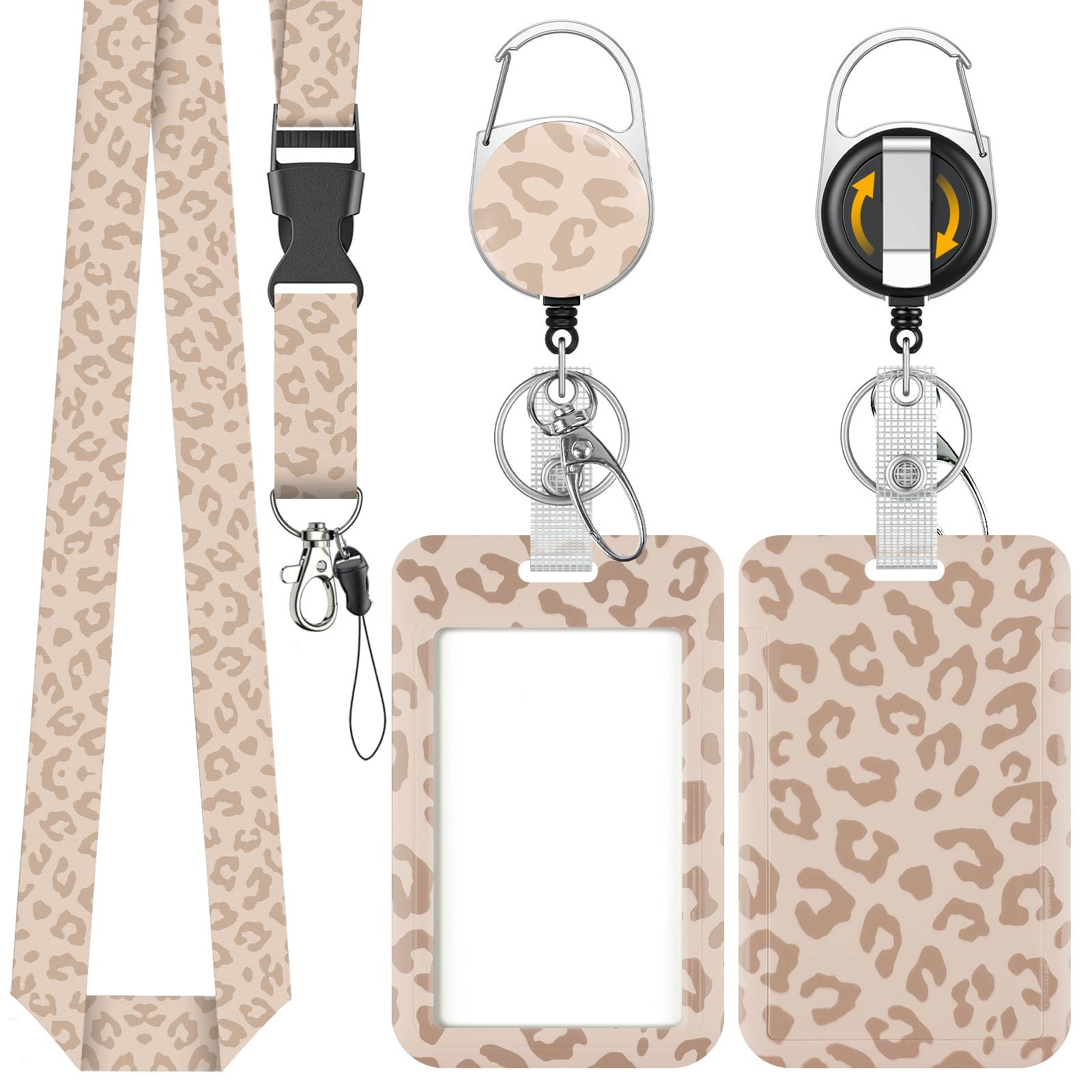Uniclife Fashionable Sliding Badge Holder Leopard Print Plastic Card Holder with Retractable Badge Reel Carabiner & Detachable Lanyard Vertical Card Protector for Office Worker Teacher Student — image 1