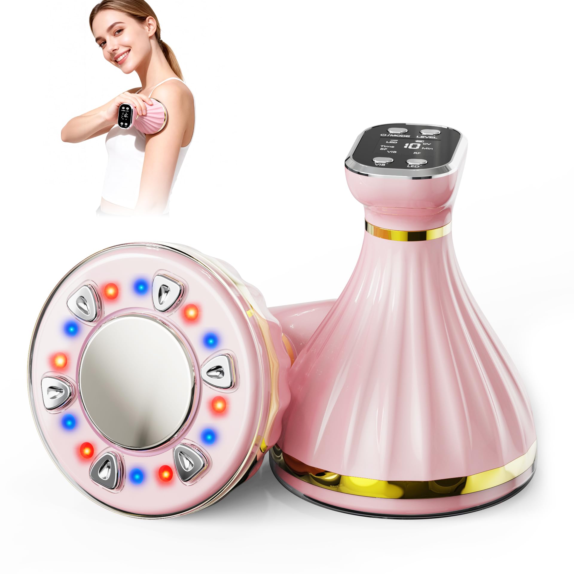 Masseur Anti Cellulite Electrique, 6 en 1 Massage Appareil Anti-Cellulite, Machine à Cavitation Ultrasonique avec EMS/R-F Lumière Rouge et Bleue, IPX6 Beauty Machine pour Le Corps et Visage