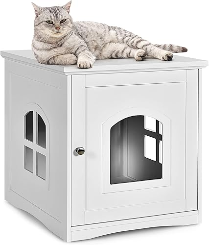Tangkula Caja de arena para gatos, mesa auxiliar decorativa para gatos con puerta magnética y ventana cruzada, mesita de noche interior, casa de