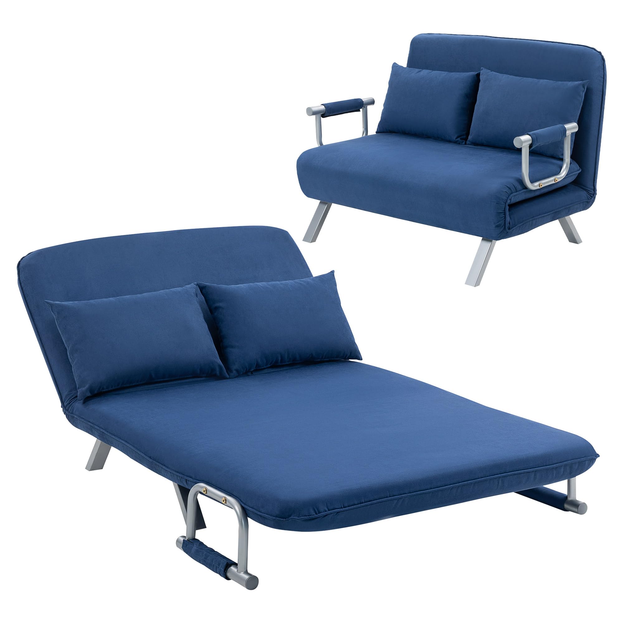 HOMCOM 2 Seater Sofa Bed, Click Clack Convertible Bed Settee, Modern Faux Suede Upholstered Sofa with 2 Pillows for Living Room, Guest Room, Dark Blue — image 1