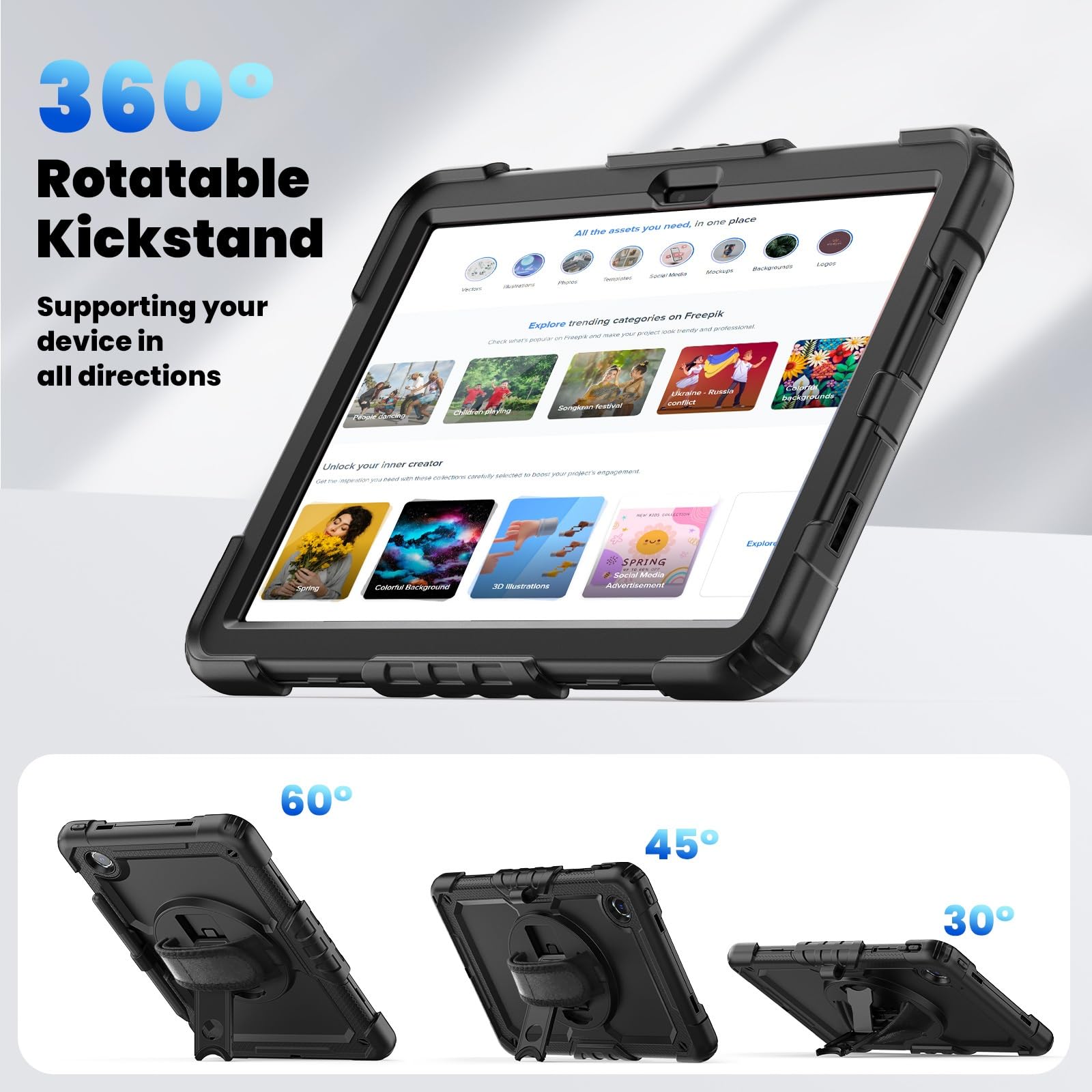 Kompatybilny z Lenovo Tab M11 TB-330FU/Lenovo Xiaoxin Pad 2024 TB-331FC Wytrzymała, odporna na wstrząsy obudowa TPU, osłona ochronna osłoną ekranu Obrotowa podpórka 380 + pasek rękę + ramię(Noir)