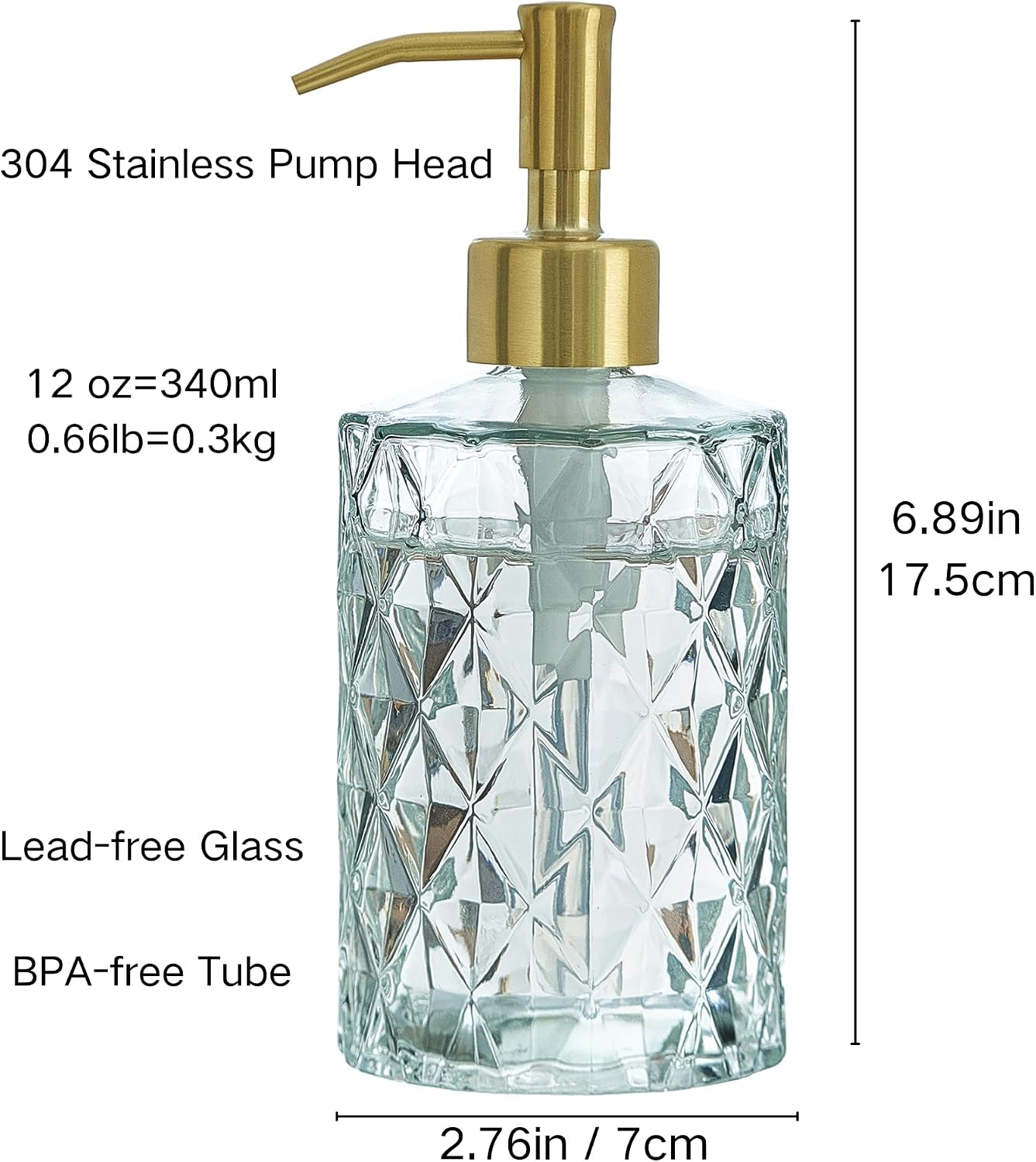 Glass Soap Dispenser with Gold Rust Proof Stainless Steel Pump,12 OZ Diamond Design Glass Refillable Hand Soap Dispensers for Kitchen Dish Soap Bathroom Hand Soap,Essential Oil(Clear)