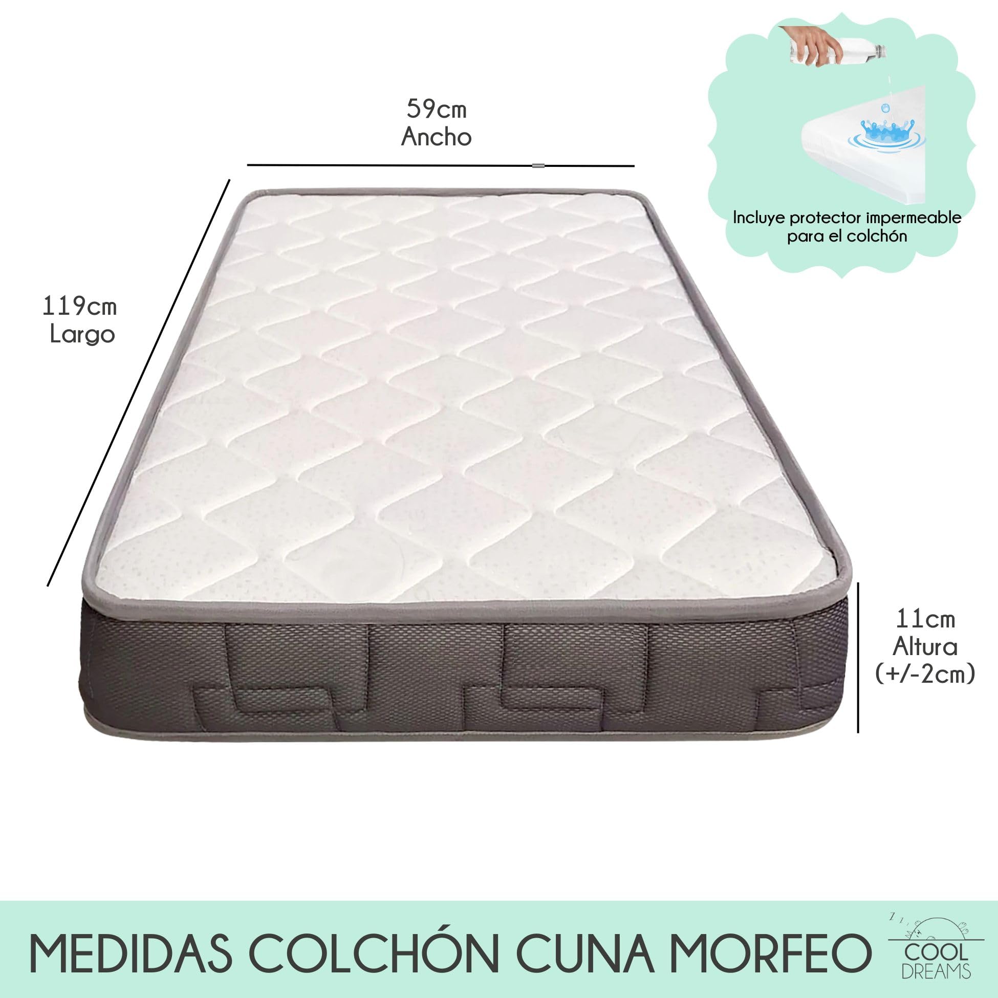COOL · DREAMS - Łóżeczko dziecięce HR Morfeo materac do łóżeczek 120x60 + ochraniacz Wodoodporny materac 100% bawełna hipoalergiczna, antybakteryjna i przeciw roztoczom