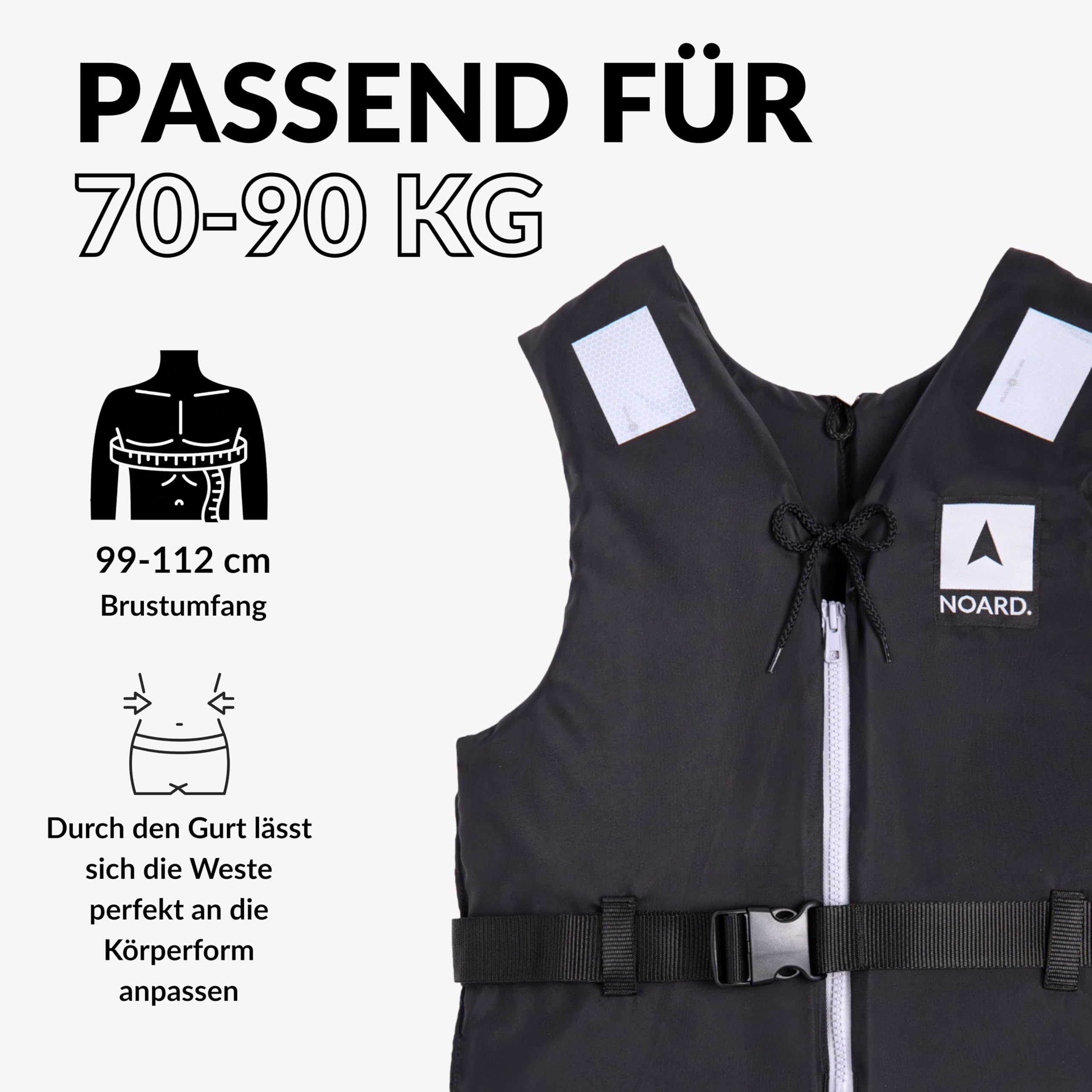 NOARD Schwimmhilfe in 5 Größen – Schwimmweste Black Edition – 25-120 kg – EN ISO 12402-5 CE (50 N) – Feststoffweste