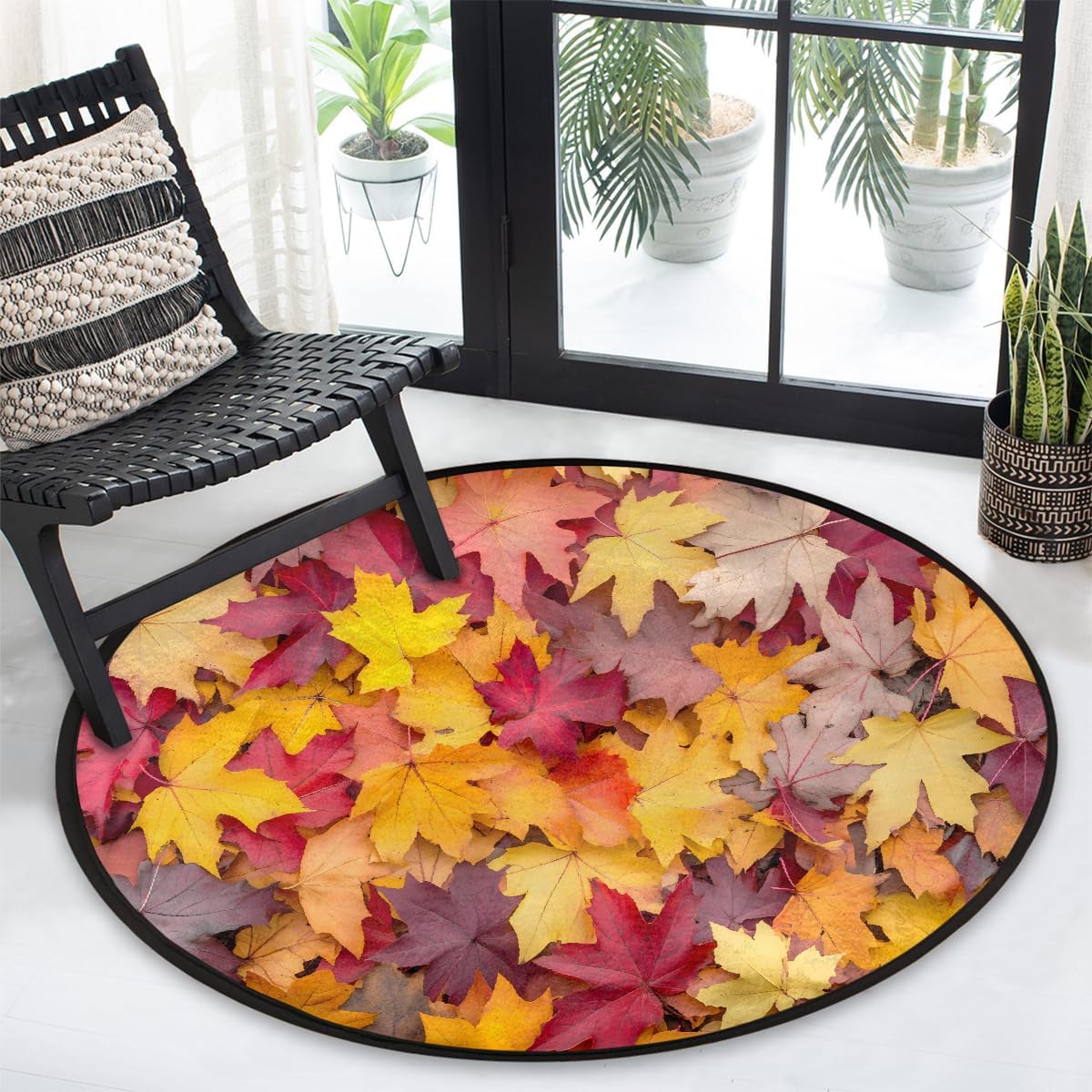 5 Ft Small Round Rug Fall Maple Leaves Colorful Soft Circle Area Rugs Non Slip Washable Circular Door Mat for Indoor Bedroom Living Room Nursery Kitchen Bathroom Entryway Home Carpet Decor