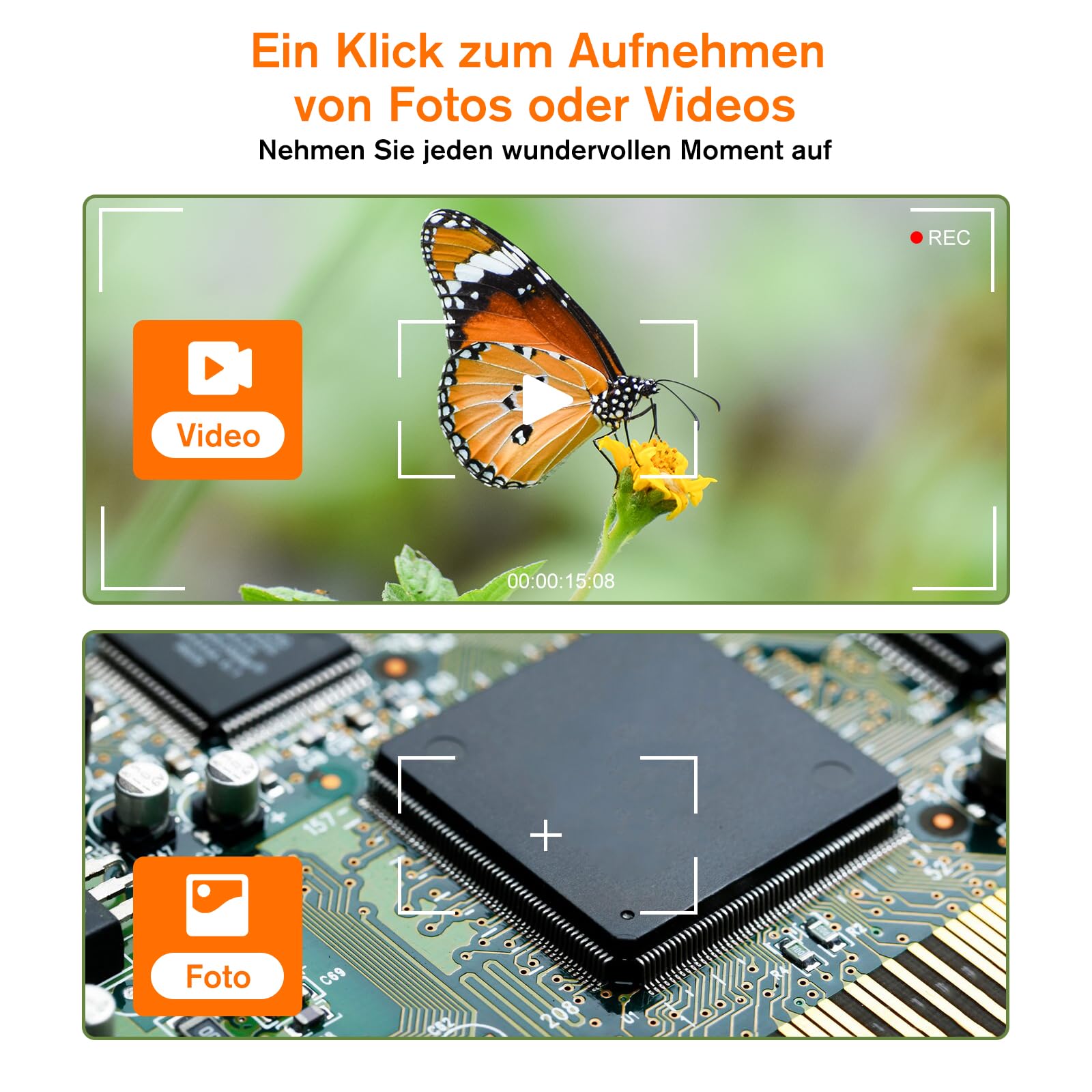 WADEO Digital Mikroskop, USB Mikroskop 1440P HD mit 50X-1600X Vergrößerung, Tragbare Inspektionskamera WiFi-frei, Kabeliges Handmikroskop mit 8 LED und Ständer, iOS, Android und Tablets kompatibel