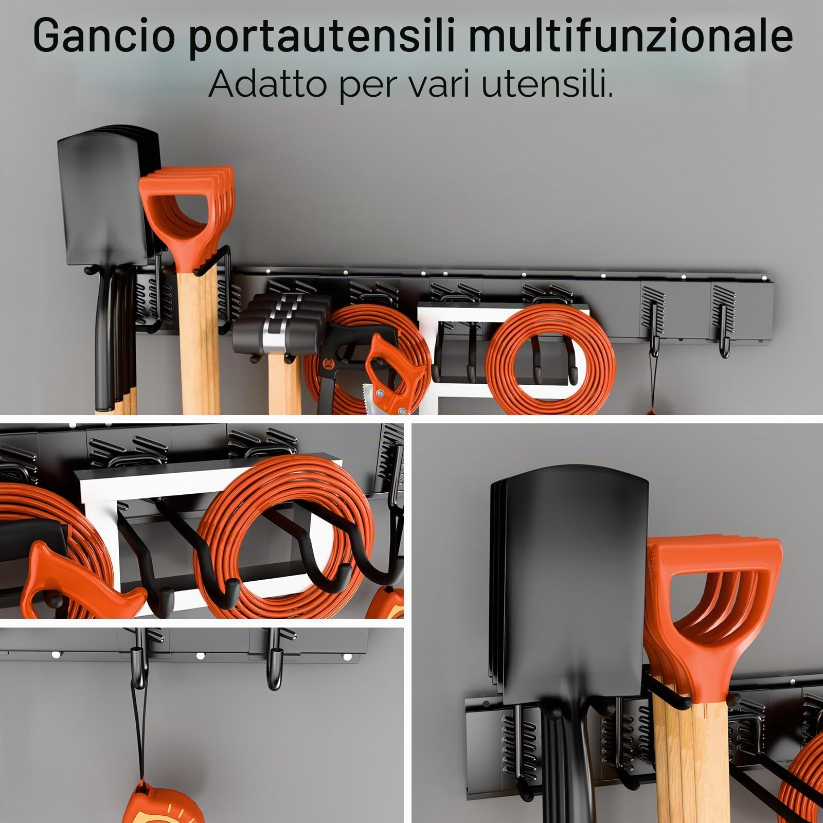 Porta Attrezzi da Giardino1 Regolabile 120 cm, Scaffalatura Multifunzione da Parete, Supporto a Parete per Attrezzi da Giardino - con 3 Binari e 8 Ganci per Garage, Giardino, Cantina, Cortile (Nero)