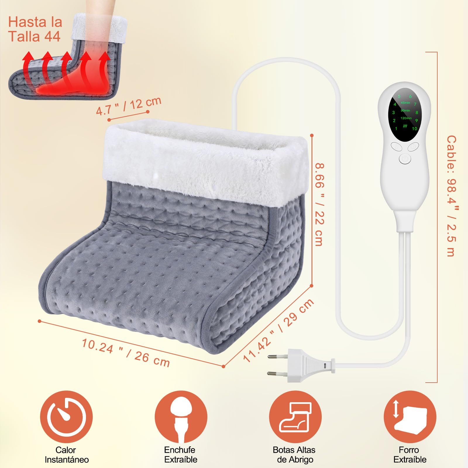 DEWEL Calentador de Pies Eléctrico Calentador Pies 90W 10 Niveles de Temperatura 30-60℃ Temporizador de 45/90/120min Calientapiés Eléctrico Forro Extraíble y Lavable hasta Talla de 46
