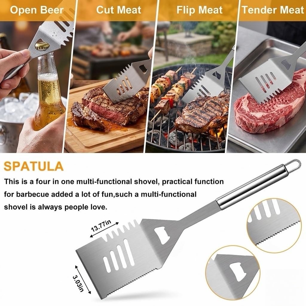 Set Accessori Barbecue 26 Pezzi, Kit Utensili Griglia in Acciaio Inox Robusto con Termometro, Seringa e Grembiule, Regalo Barbecue Perfetto per Uomo e Papà, Ideale per Grigliata all'aperto