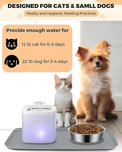 Miniatura 4 de Juego de fuentes de agua para gatos, dispensador de agua ultra silencioso de 1.8 L para mascotas con cuenco de acero inoxidable para gatos y tapete
