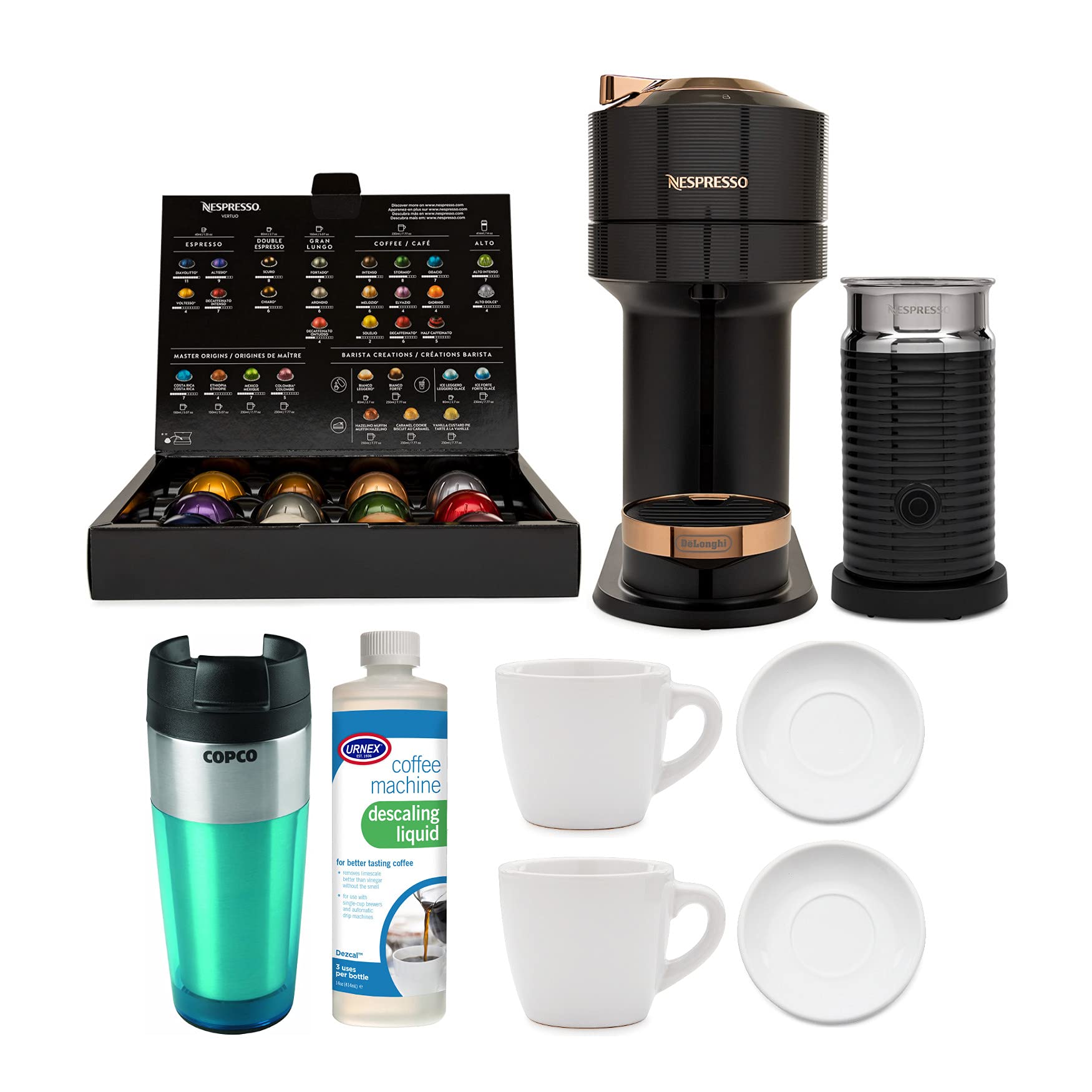 DeLonghi Nespresso Vertuo Next Coffee and Espresso Machine with Aeroccino, 2 Cup and Saucer Sets, De