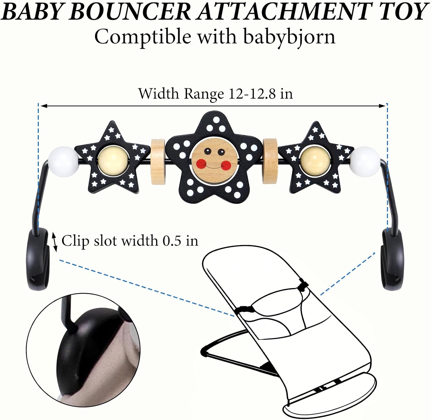 Baby Bjorn Bouncer Toy Bar Wooden Compatible with Baby Bjorn Bouncers, Attach Tight and Secure Fit, Easy to Remove, So Fun to Watch, Touch and Spin for Babies All Ages (Black and White Flower)