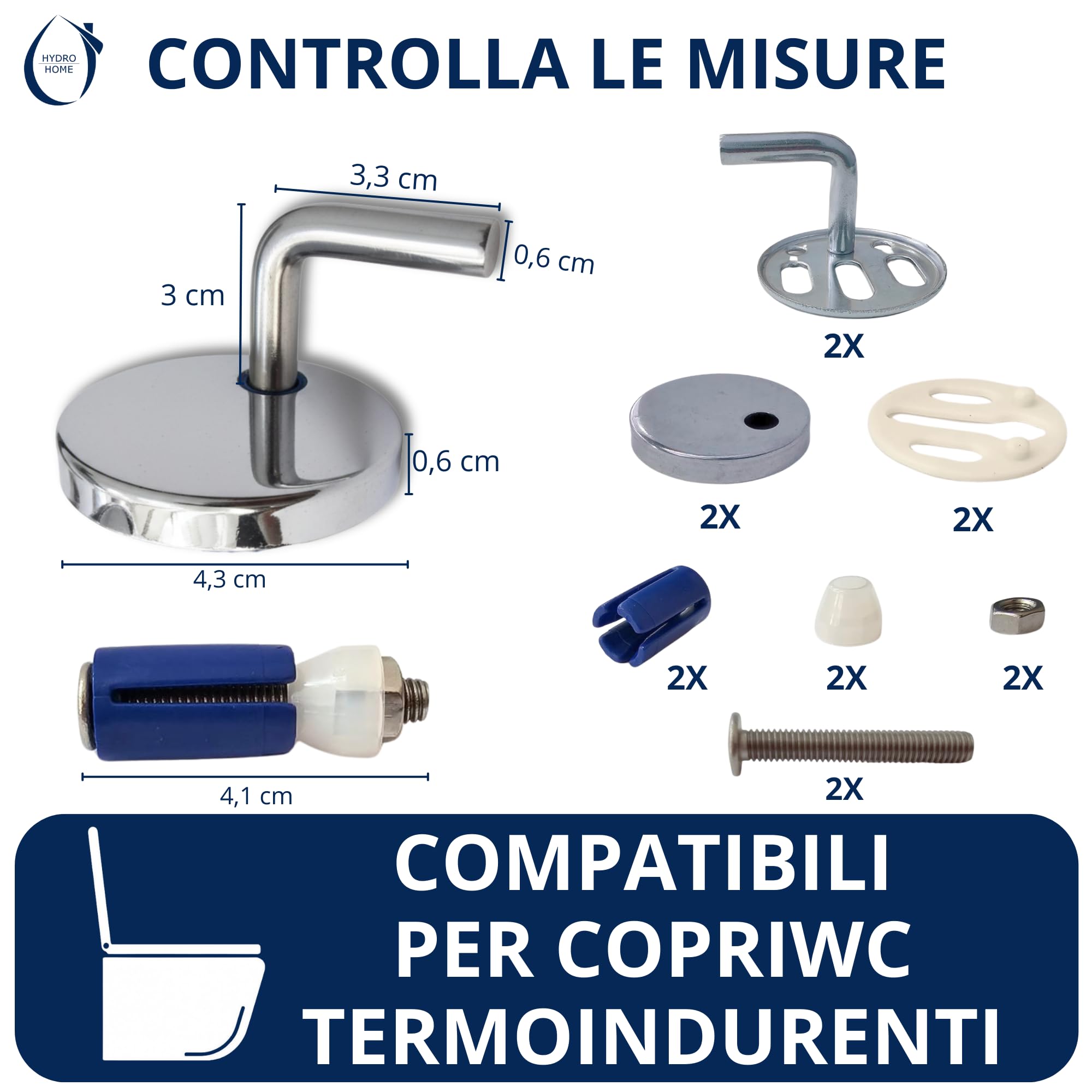 HYDRO HOME Kit 2 Cerniere Sedile WC Tavoletta WC, Regolabili in Acciaio Inox Cromo Lucido per Copriwater Termoindurente, Fissaggio dall’Alto, Ricambi Universali, Montaggio Facile, Made in Italy