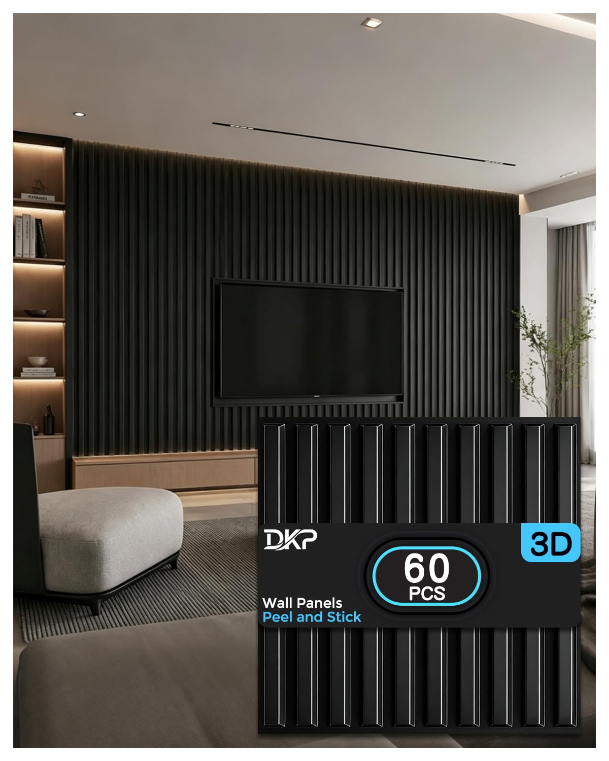 Photo 1 of 60 Pack 3D Wall Panels, Art PVC Flower Textured Slat Wall Panel, 11.8×11.8in Black 3D Fluted Textured Panel for Living Room Bedroom Hotel Office and Interior Wall Decor