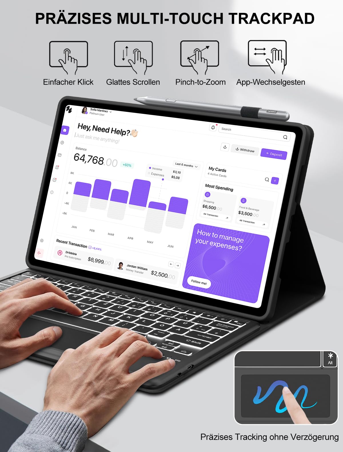 JADEMALL Für Idea Tab Plus 12,1 Hülle mit Touchpad & Beleuchtung QWERTZ | Für Lenovo Idea Tab Plus Tastatur - Mit 7-Farben Beleuchtung & Touchpad, Premium Schutzhülle mit Tastatur, Schwarz