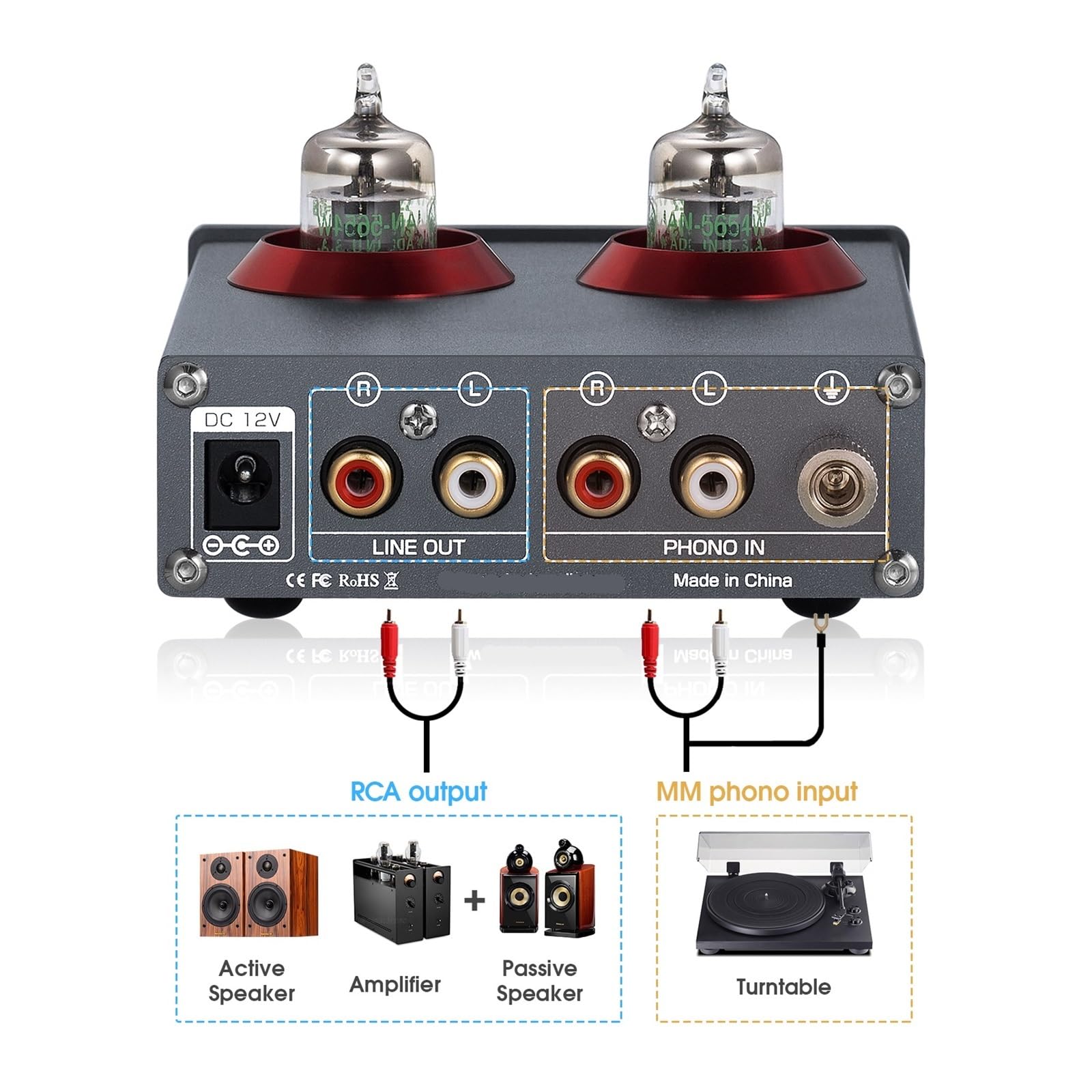 Preamplificatore Phono a valvola JAN5654 for Giradischi, Telefono cellulare/PC/MP3/TV, preamplificatore Audio Stereo, Amplificatore for Cuffie