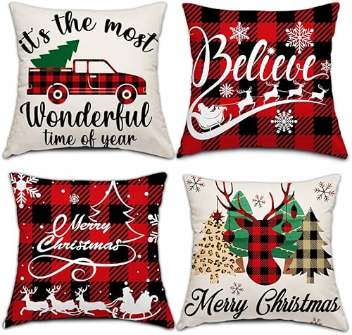 Juego de 4 fundas de almohada de Navidad de 18 x 18 pulgadas, diseño de cuadros escoceses, decoraciones navideñas de granja, color negro y rojo,