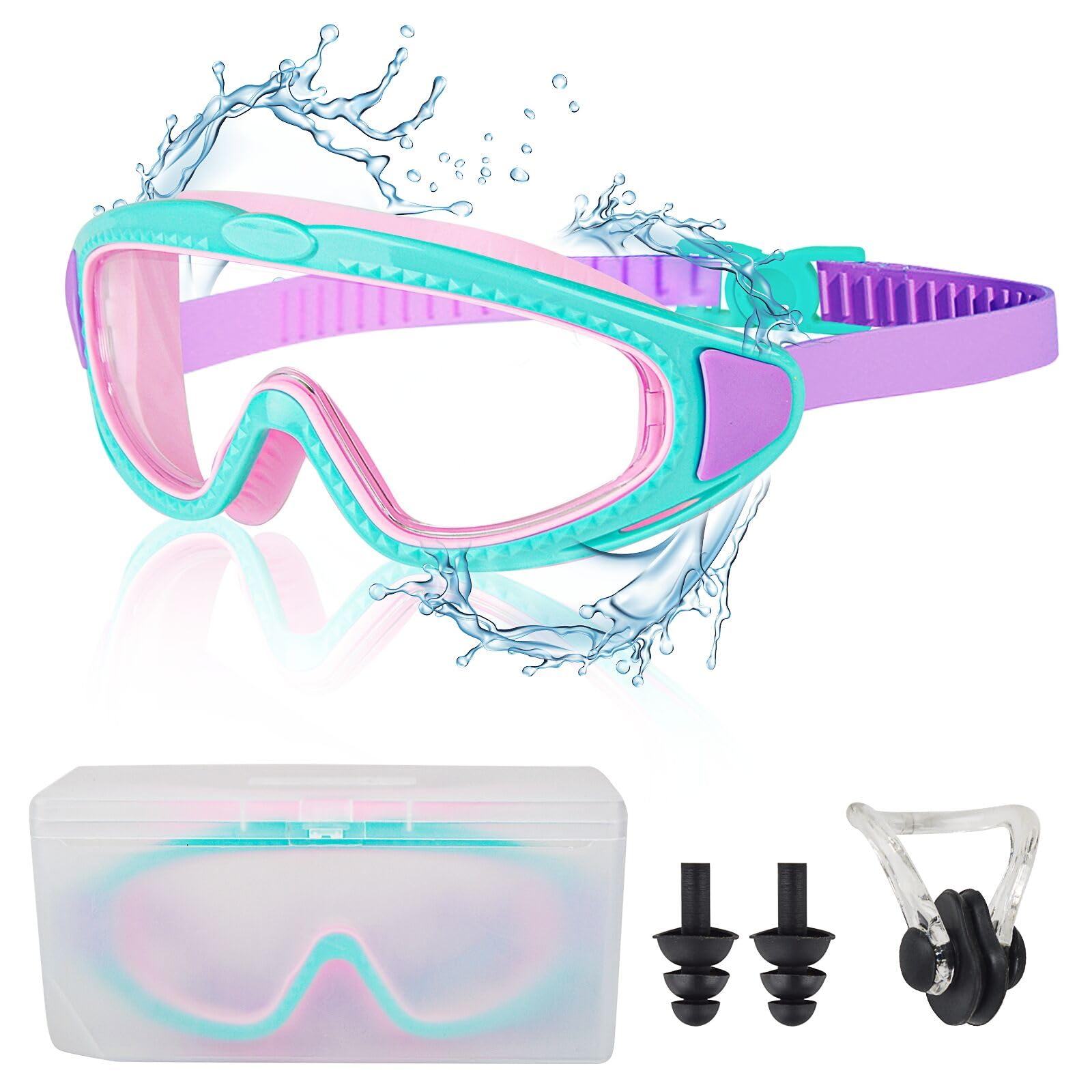 Mezere Kids Swimming Goggles 6-14 Kids Goggles Wide Vision Childrens Swimming Goggles for Boys Girls Swim Glasses,No Leaking, Anti Fog, UV Protection Nose Clip and Earplugs — image 1