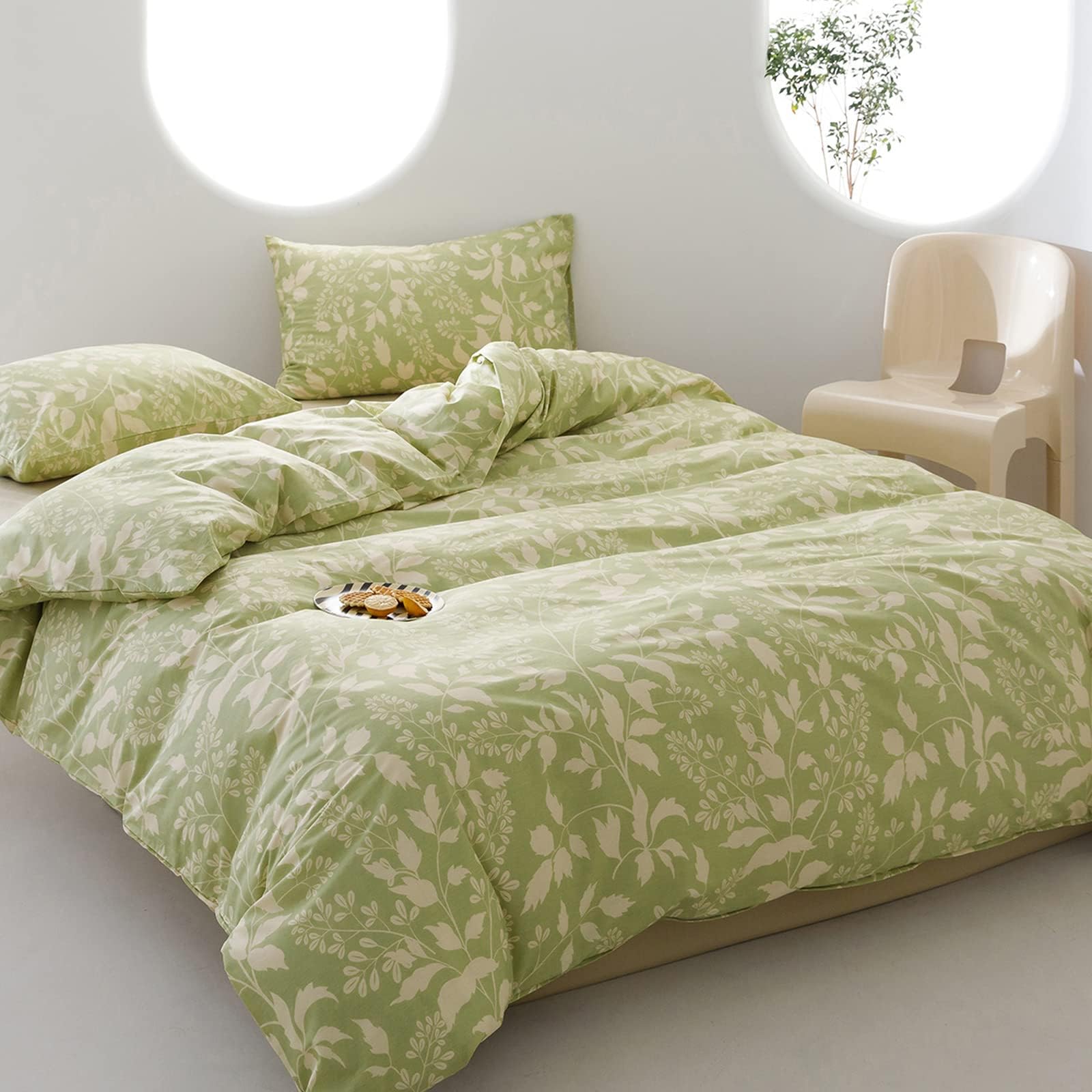 mixinni Green Leaves Duvet Cover Queen Cover Set Tree Leaf Garden Pattern Printed 100% Cotton Bedding Set with Zipper Closure for Women and Men, Ultra Soft, Breathable,Easy Care