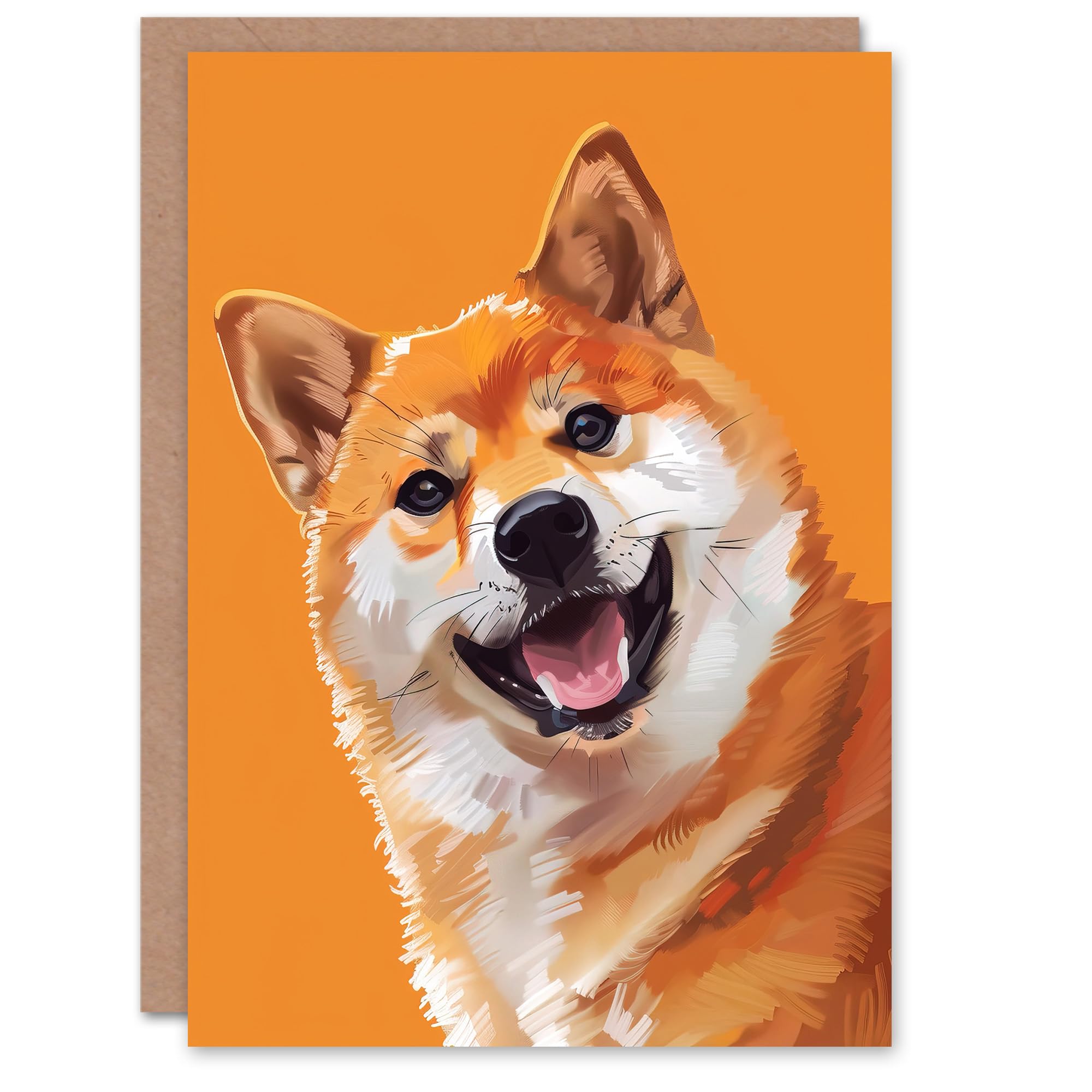 Artery8 Greeting Card Happy Shiba Inu Dog Lover Pet Portrait Orange Blank For Him Or Her Art Birthday Card