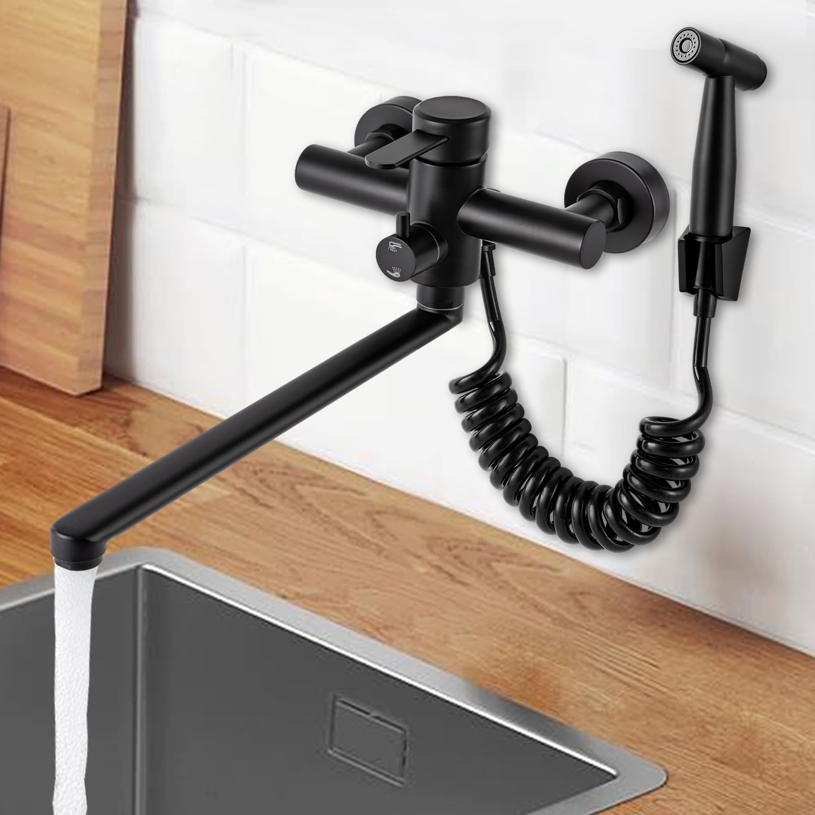 Bateria kuchenna ścienna, czarna, wylewka 35 cm – ze stali nierdzewnej SUS304, tryb odpływu 3 w 1 i termostat, jednouchwytowa bateria do wbudowania/podwójnego zlewu (odstęp otworów 15 cm), 41 × 19,5 ×