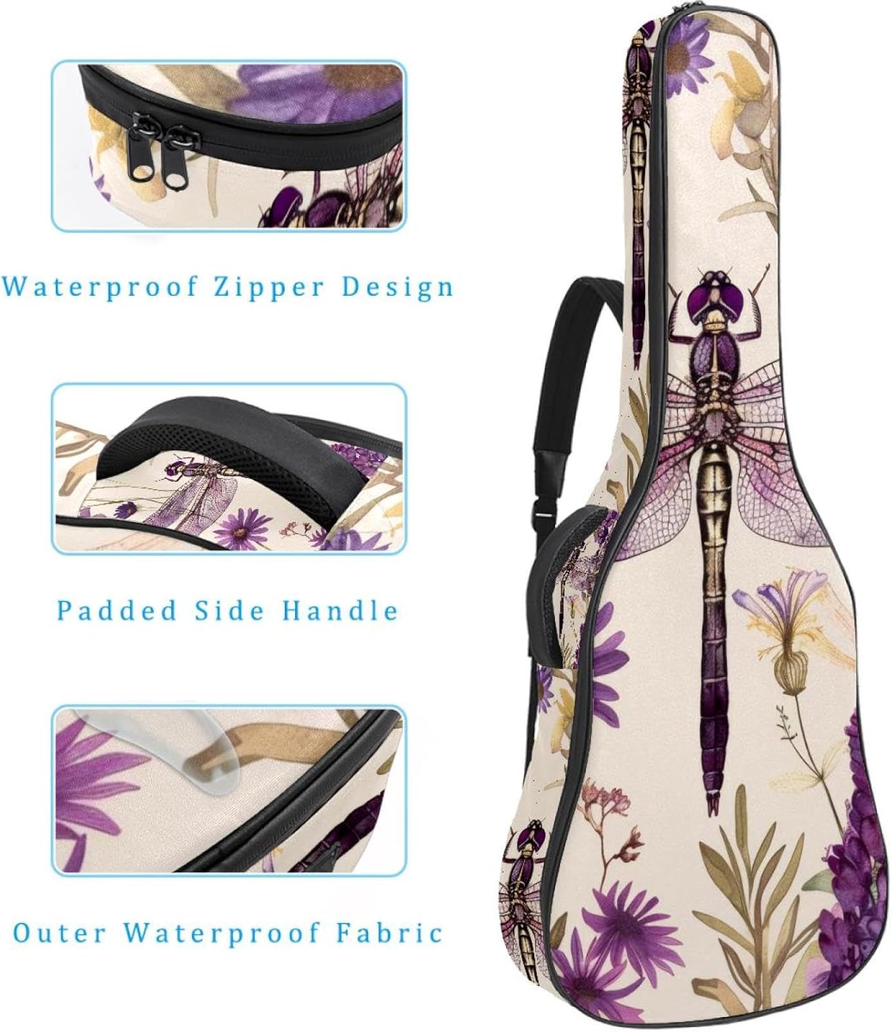 Acoustic Guitar Bag, 40 41 42 Inch Guitar Case Cover Soft Guitar Gig Bag for Acoustic Electric Bass Classical Guitar, Purple Dragonfly Retro Botanical Wildflowers Floral Herbs