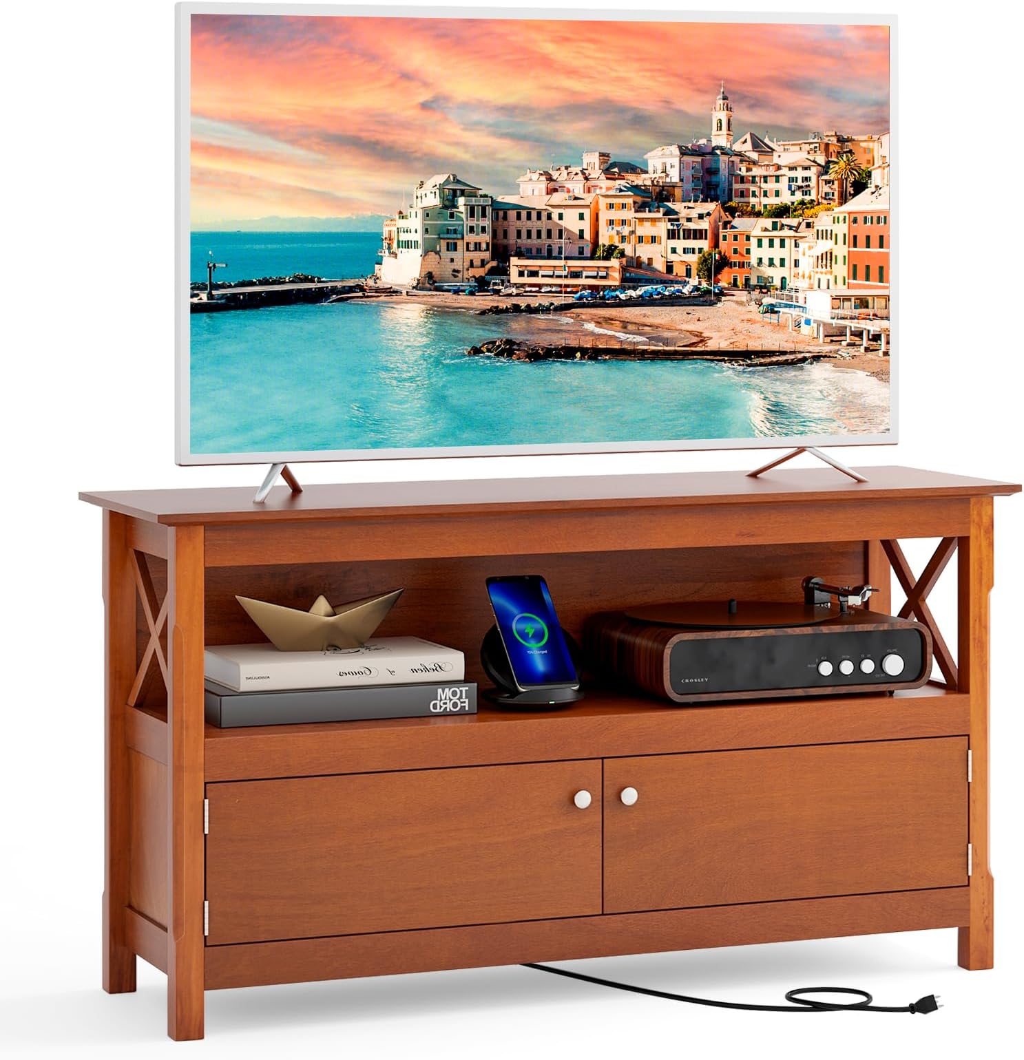 Tangkula Wooden TV Stand for TVs Up to 50 Inch, X Shape Console Storage Cabinet, Entertainment Center with 2 Doors & Shelf, Home Living Room Furniture, Farmhouse TV Storage Console (Coffee)